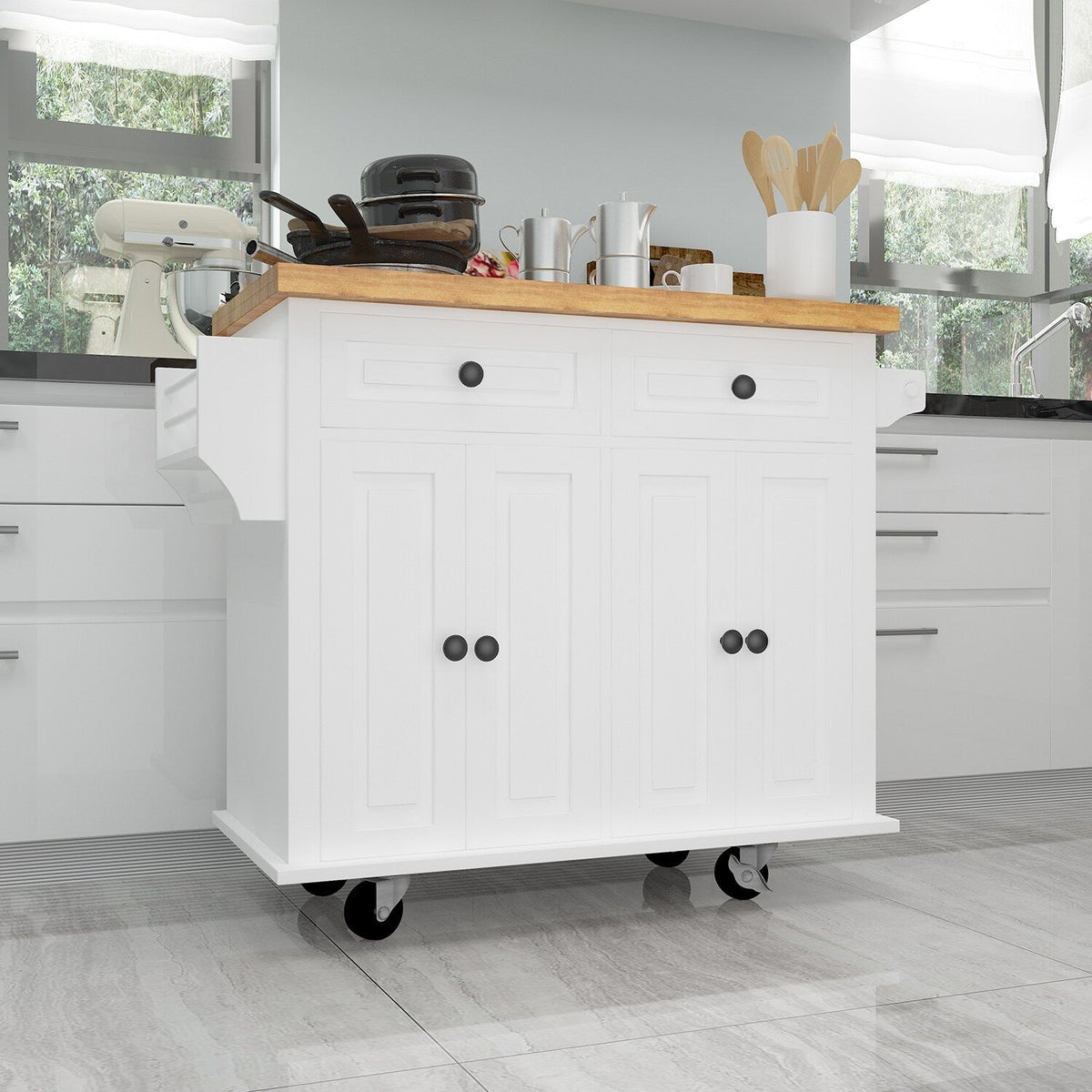 Bybafun White Mdf Base with Wood Top Rolling Kitchen Cart (17.5-in x 43.7-in x 32.5-in)