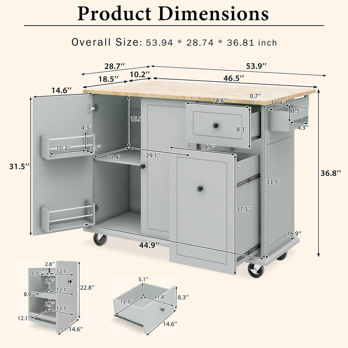 Bybafun Gray Mdf Base with Wood Top Rolling Kitchen Cart (28.7-in x 53.9-in x 36.8-in)