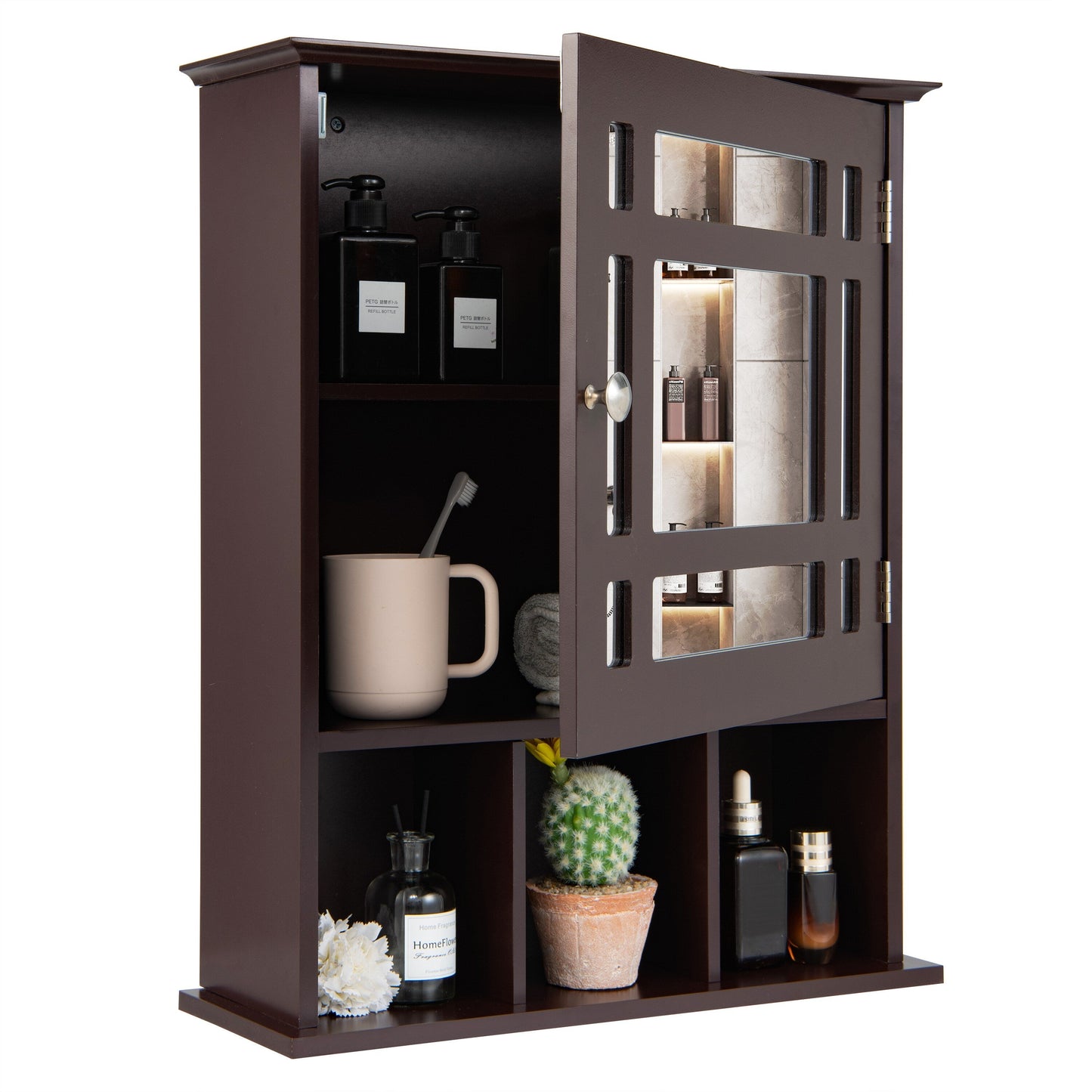Forclover 19-in x 23.5-in Medicine Cabinet Bathroom Storage Wall Cabinet with Mirror in Brown