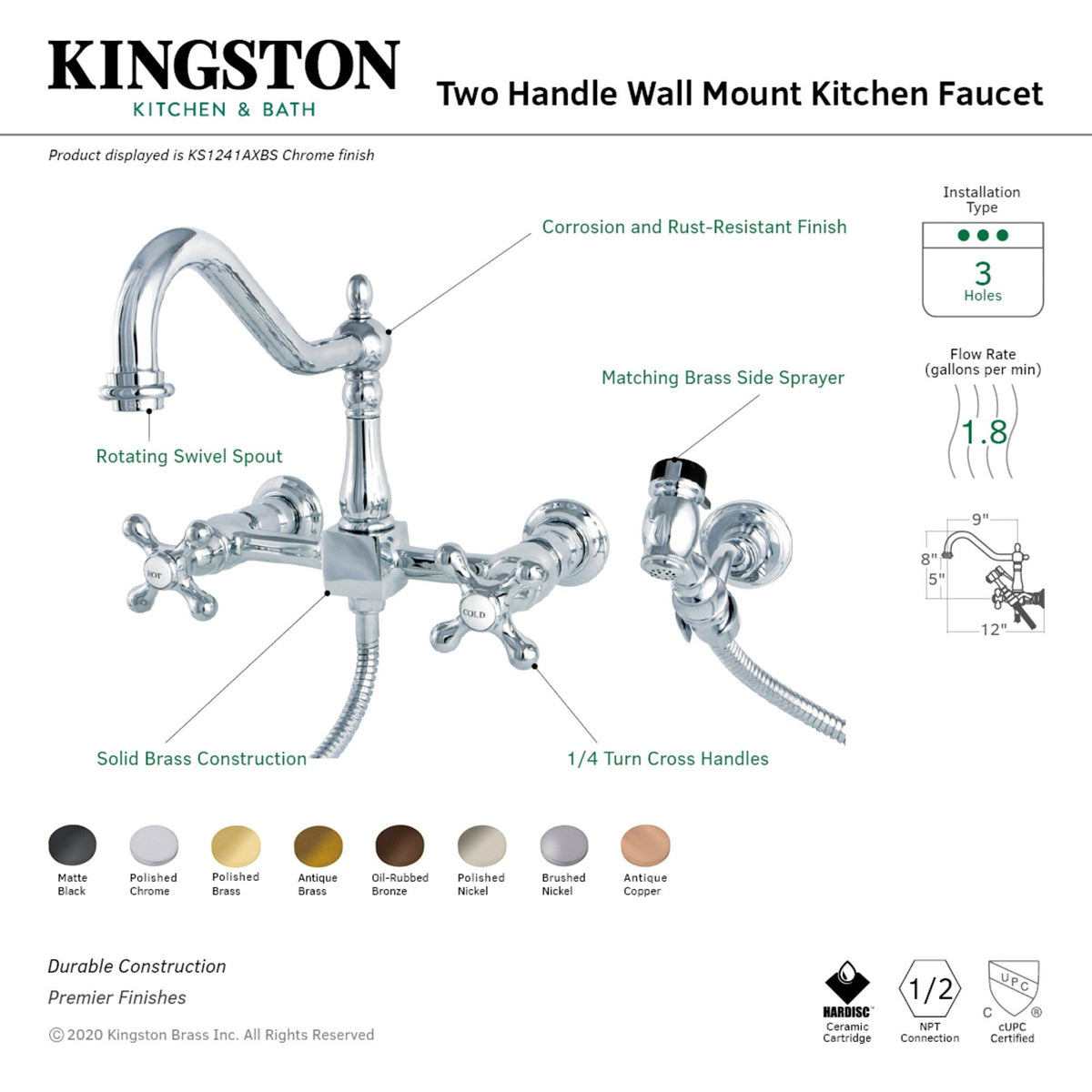 Elements of Design Brushed Nickel 2-Handle Wall-Mount Bridge Kitchen Faucet with Side Sprayer