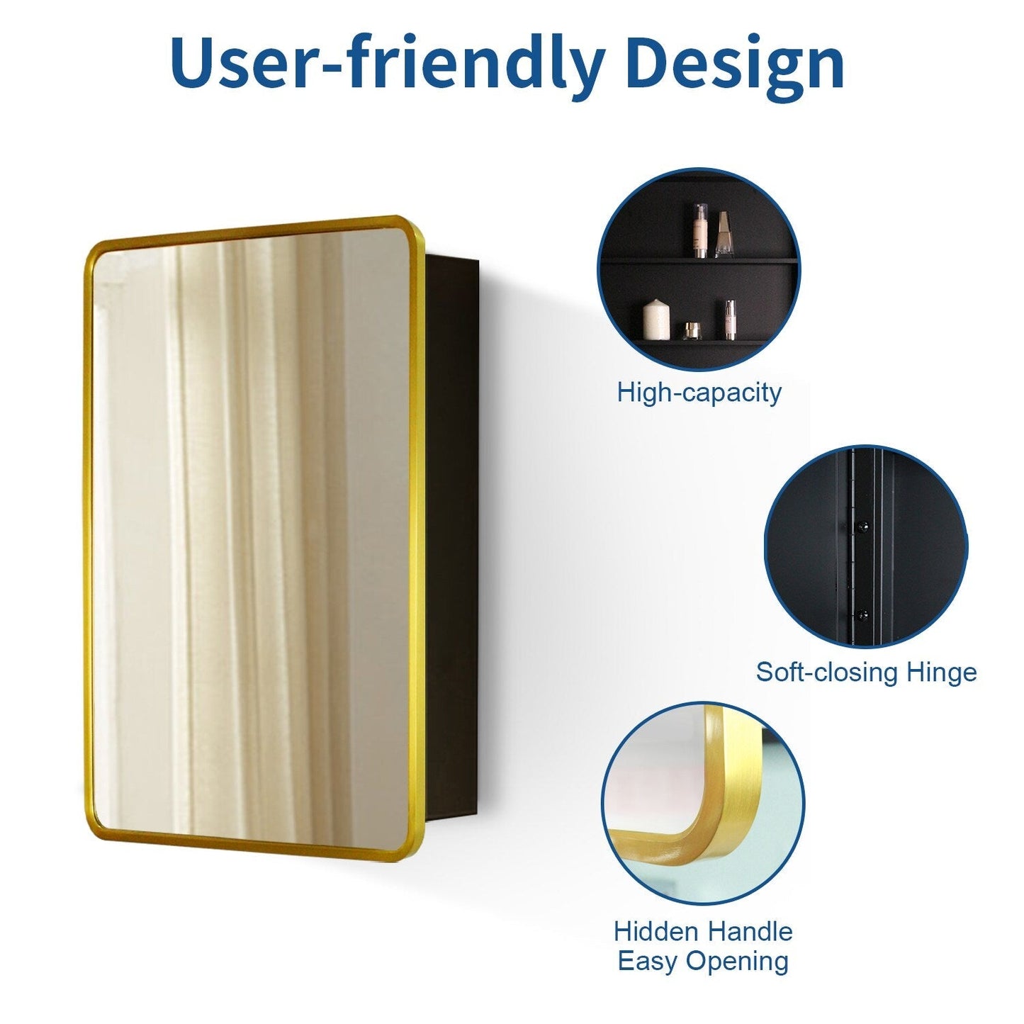 Forclover 24-in x 30-in Surface/Recessed Mount Gold + Matte Black Mirrored Soft Close Medicine Cabinet