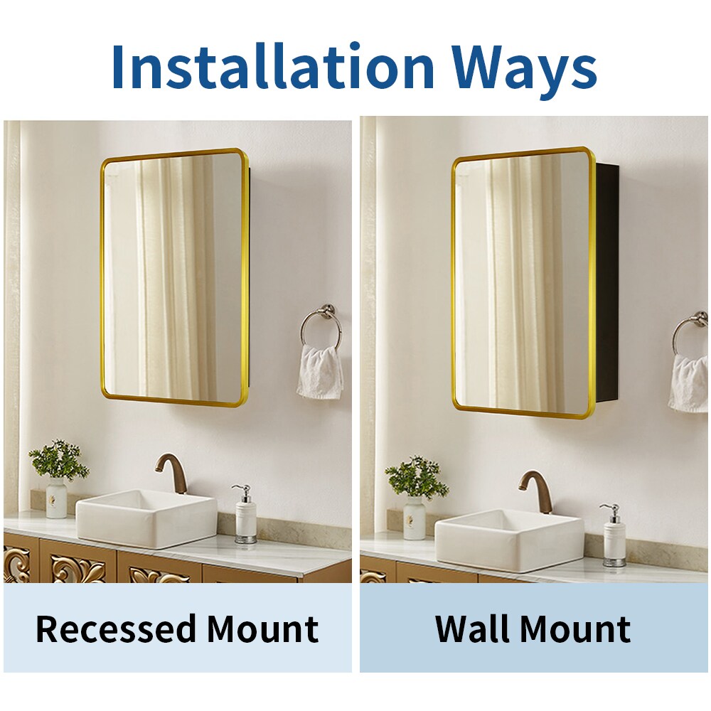 Forclover 24-in x 30-in Surface/Recessed Mount Gold + Matte Black Mirrored Soft Close Medicine Cabinet