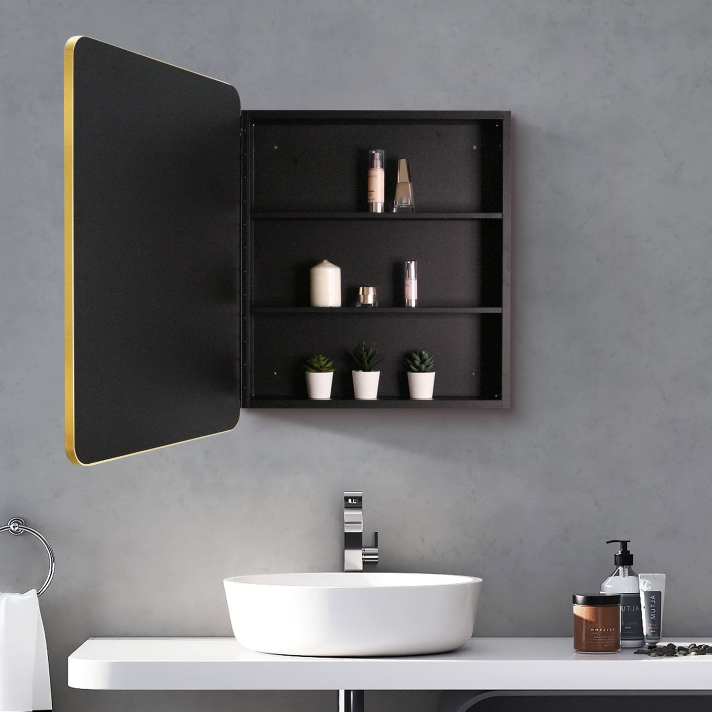 Forclover 24-in x 30-in Surface/Recessed Mount Gold + Matte Black Mirrored Soft Close Medicine Cabinet