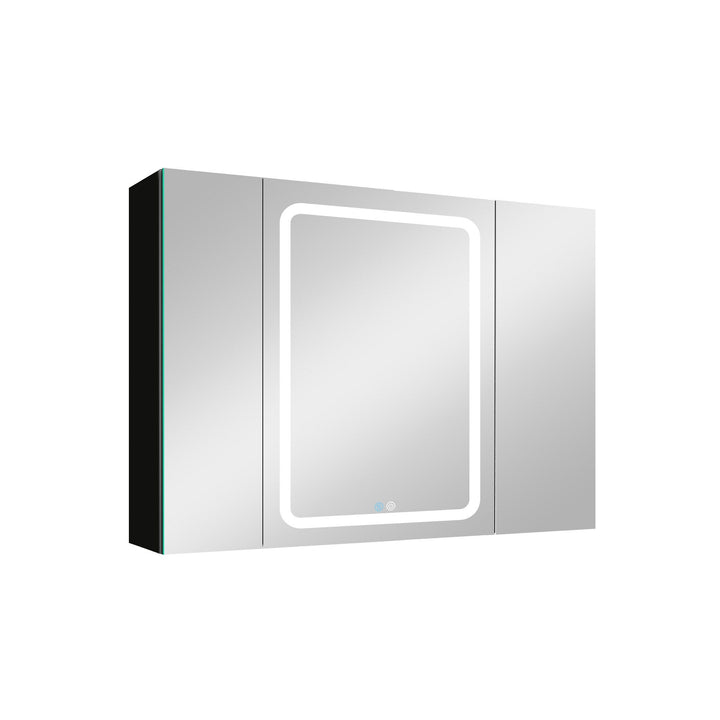 Forclover Dimmable LED Bathroom Medicine Cabinet 40-in x 30-in Defogging Surface Mount Black Mirrored Medicine Cabinet with 2 Side Cabinet Left Open