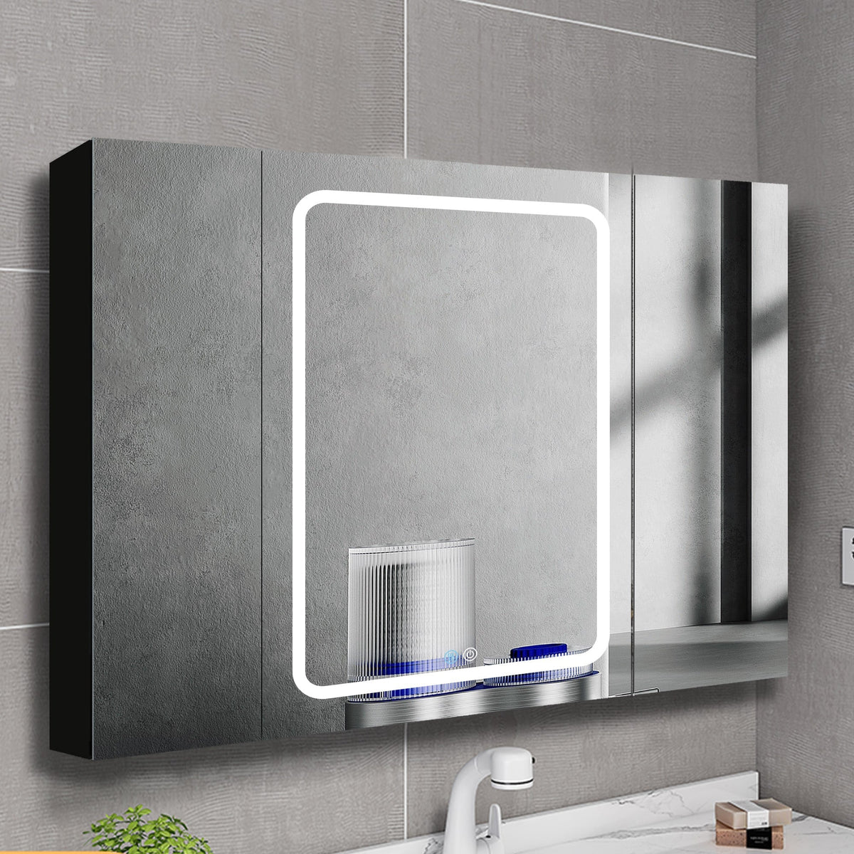 Forclover Dimmable LED Bathroom Medicine Cabinet 40-in x 30-in Defogging Surface Mount Black Mirrored Medicine Cabinet with 2 Side Cabinet Left Open