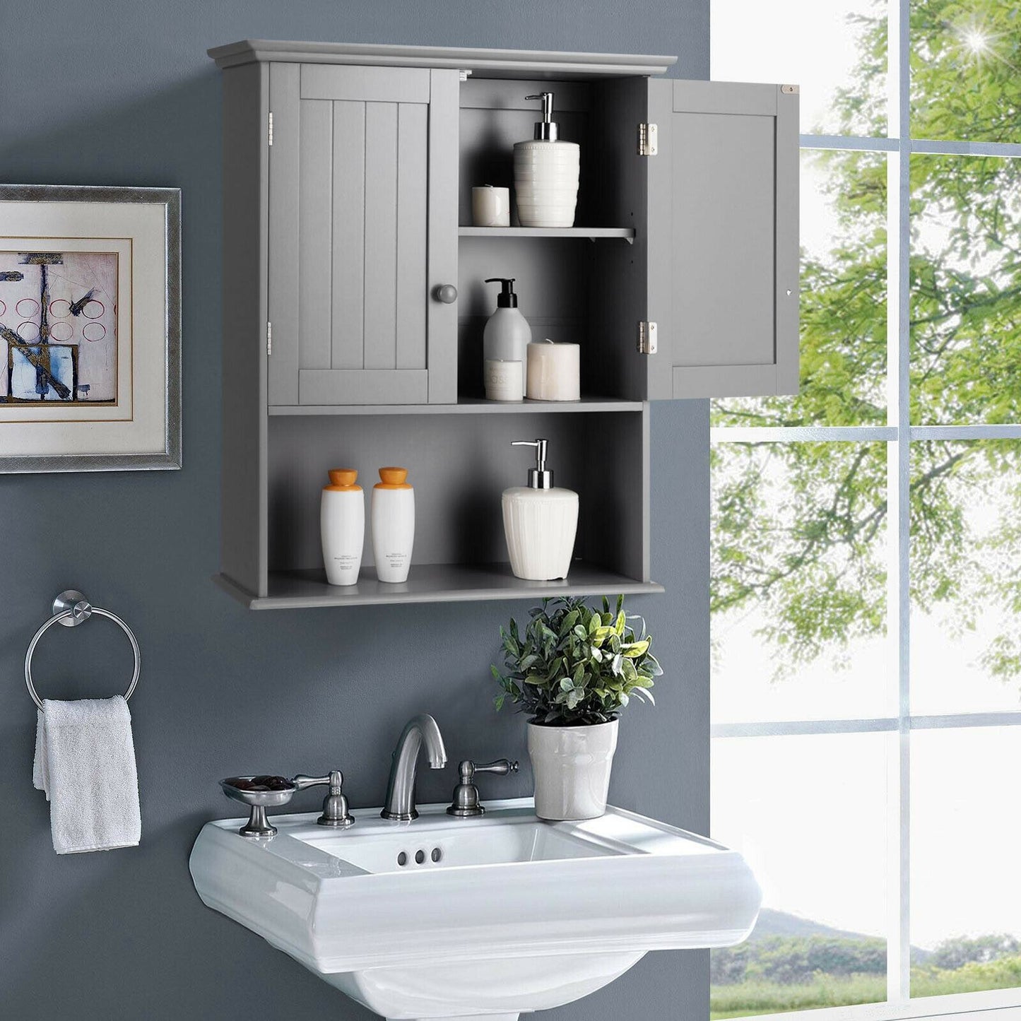 Forclover Bathroom Storage Cabinet 23.5-in x 28-in x 8-in Gray Bathroom Wall Cabinet