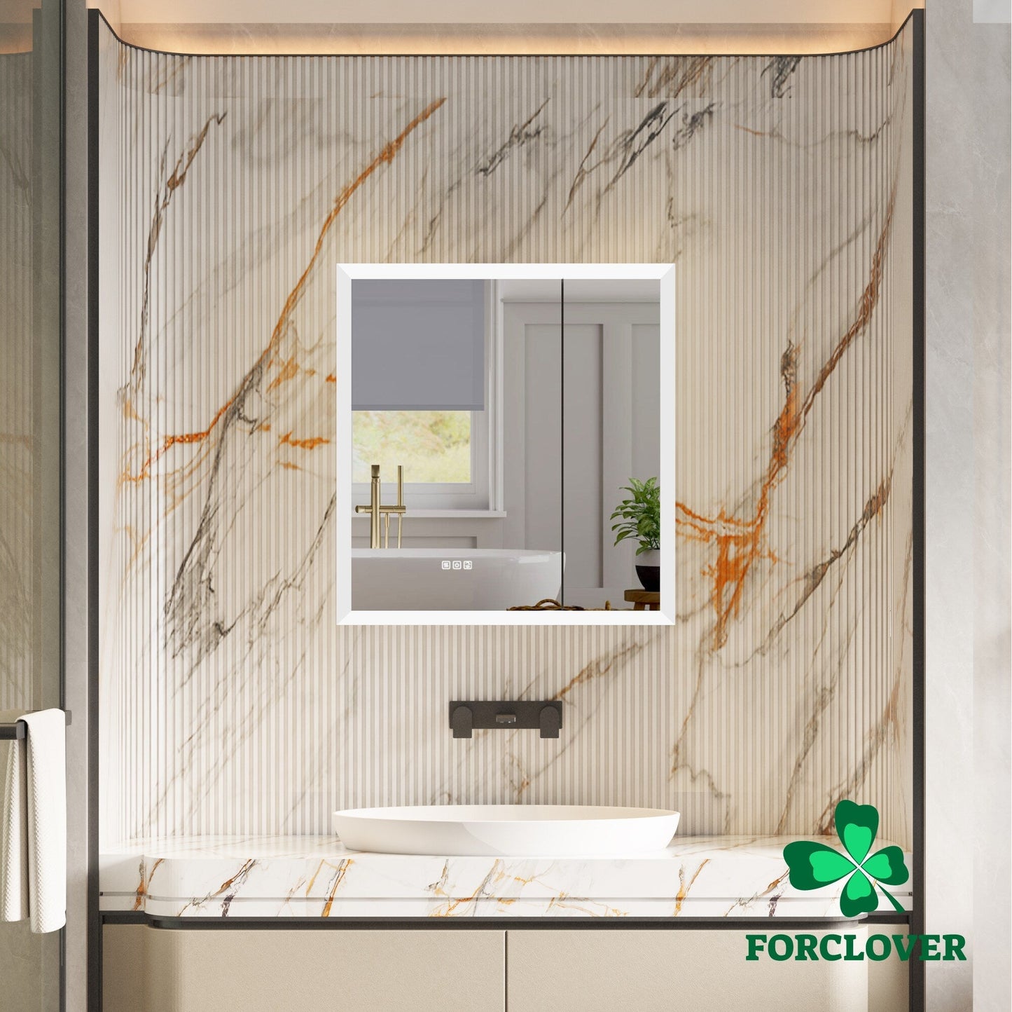 Forclover 30-in x 32-in Lighted LED Fog Free Surface/Recessed Mount Silver Mirrored Soft Close Medicine Cabinet with Outlet