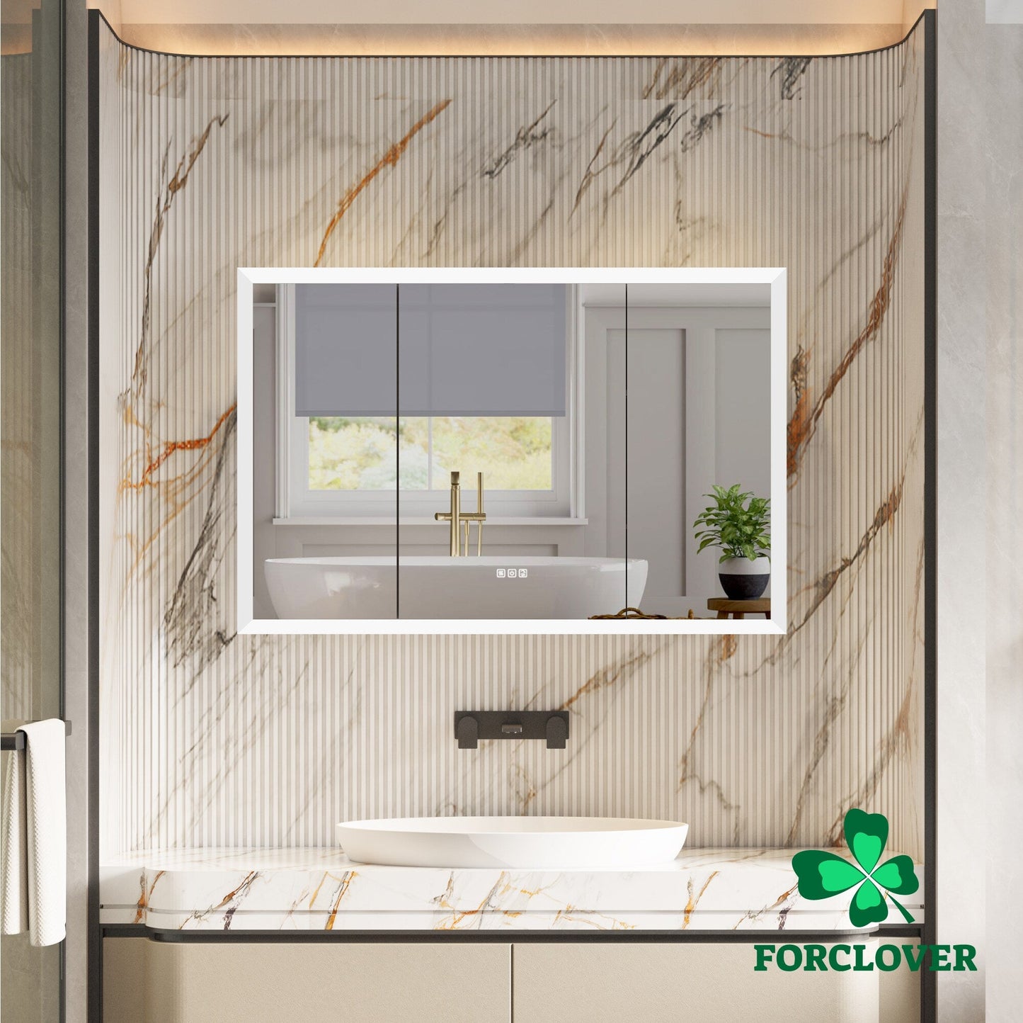 Forclover 48-in x 32-in Lighted LED Fog Free Surface/Recessed Mount Silver Mirrored Soft Close Medicine Cabinet with Outlet