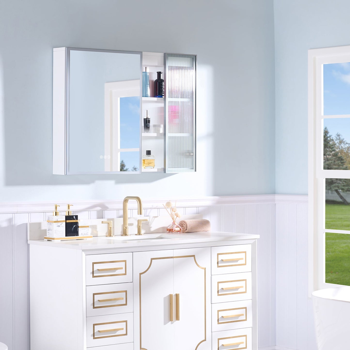 Forclover 36-in x 28-in Lighted LED Fog Free Surface Mount White Mirrored Soft Close Medicine Cabinet with Outlet