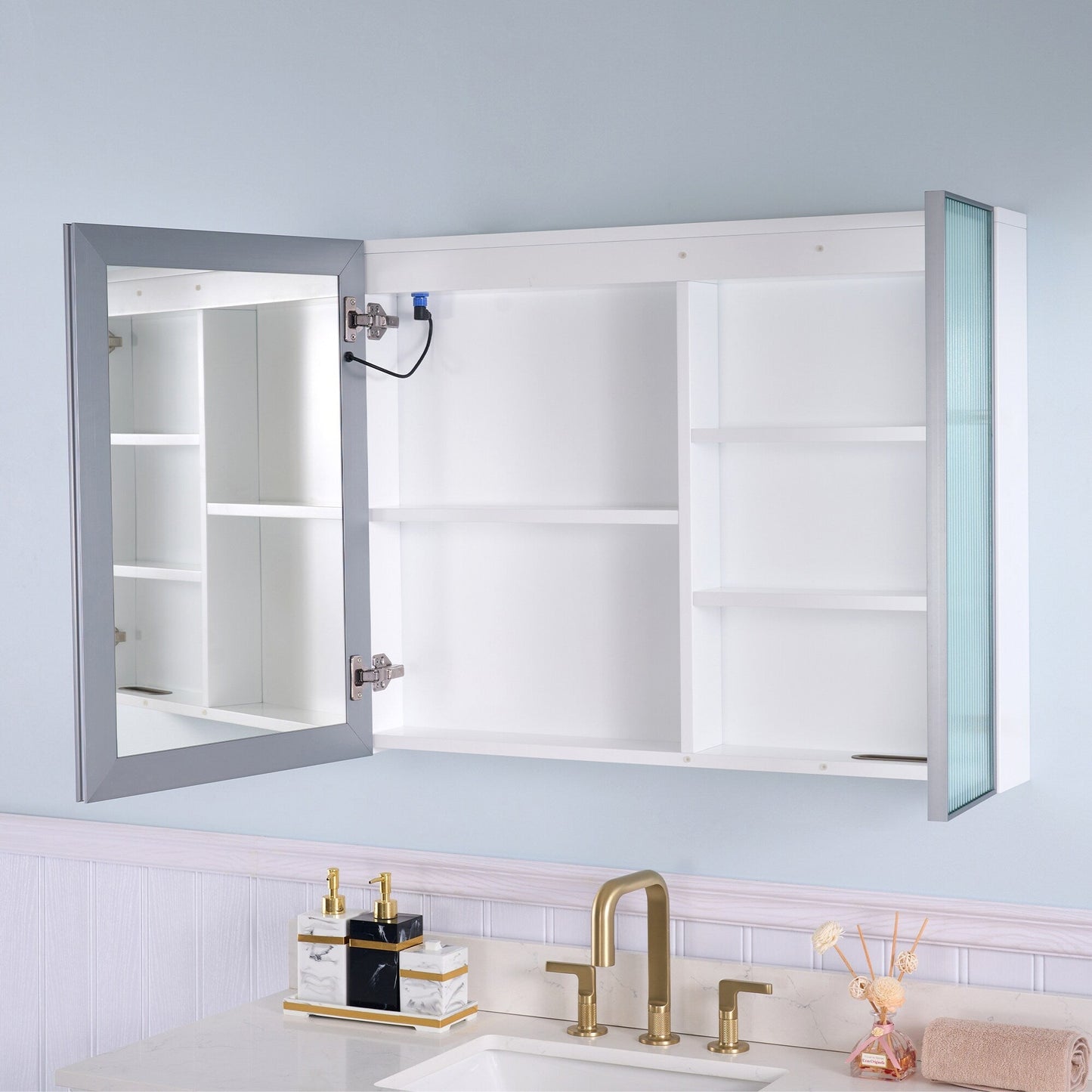 Forclover 36-in x 28-in Lighted LED Fog Free Surface Mount White Mirrored Soft Close Medicine Cabinet with Outlet