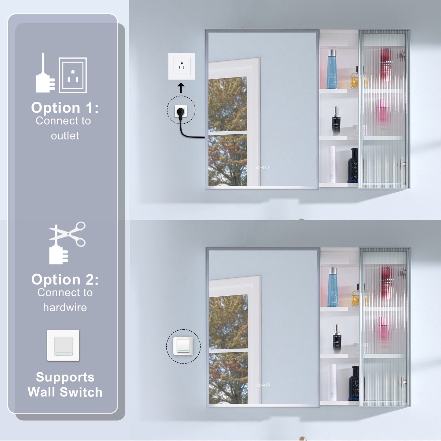 Forclover 36-in x 28-in Lighted LED Fog Free Surface Mount White Mirrored Soft Close Medicine Cabinet with Outlet