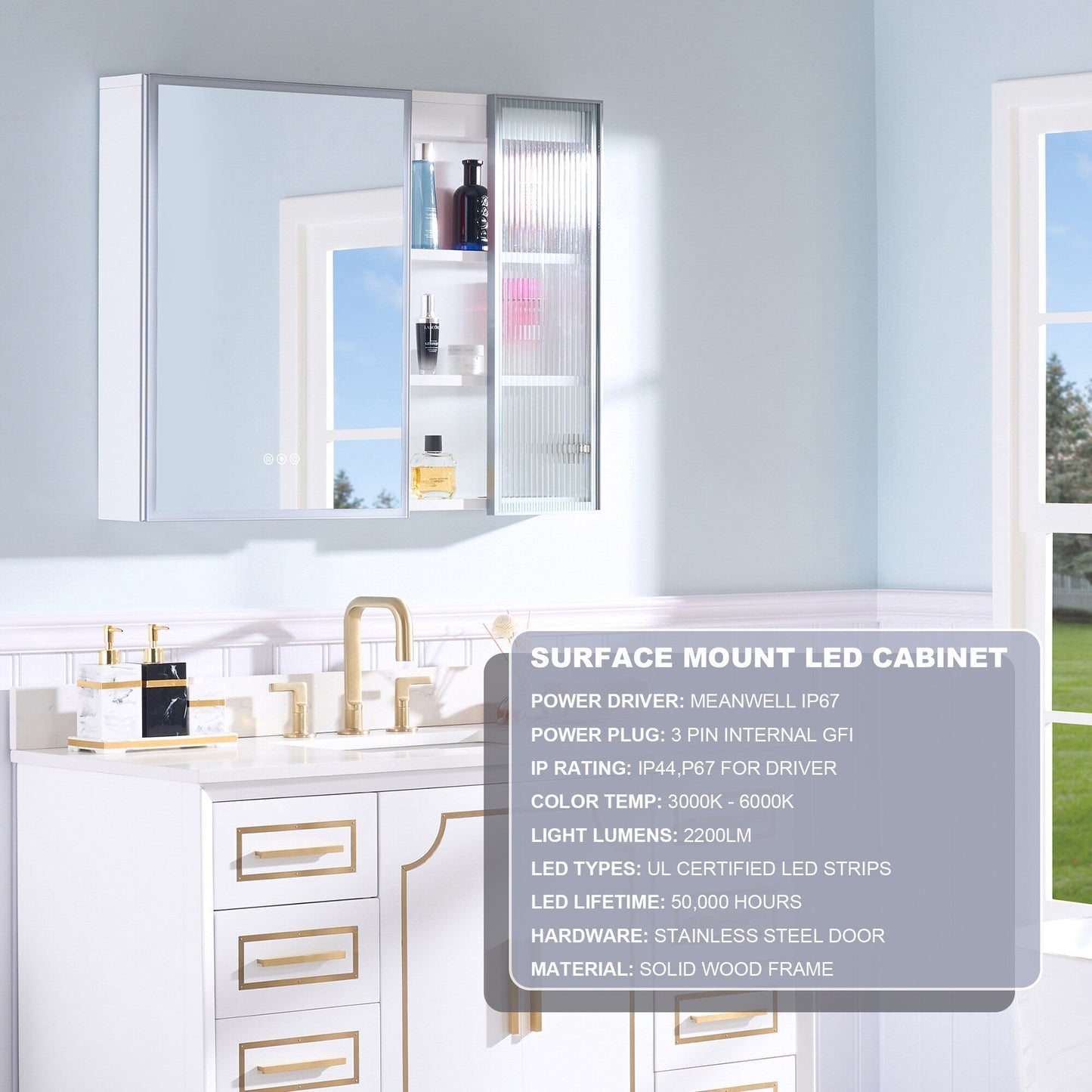 Forclover 36-in x 28-in Lighted LED Fog Free Surface Mount White Mirrored Soft Close Medicine Cabinet with Outlet