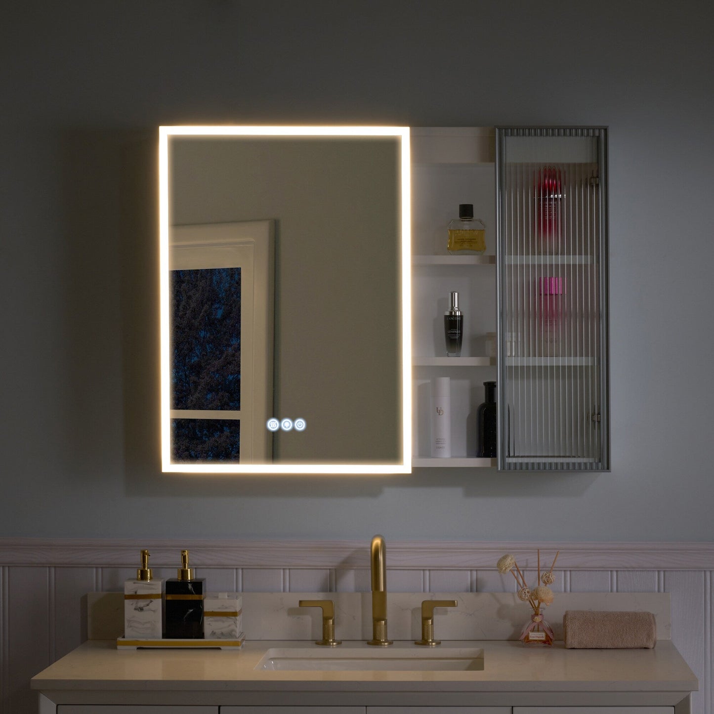 Forclover 36-in x 28-in Lighted LED Fog Free Surface Mount White Mirrored Soft Close Medicine Cabinet with Outlet