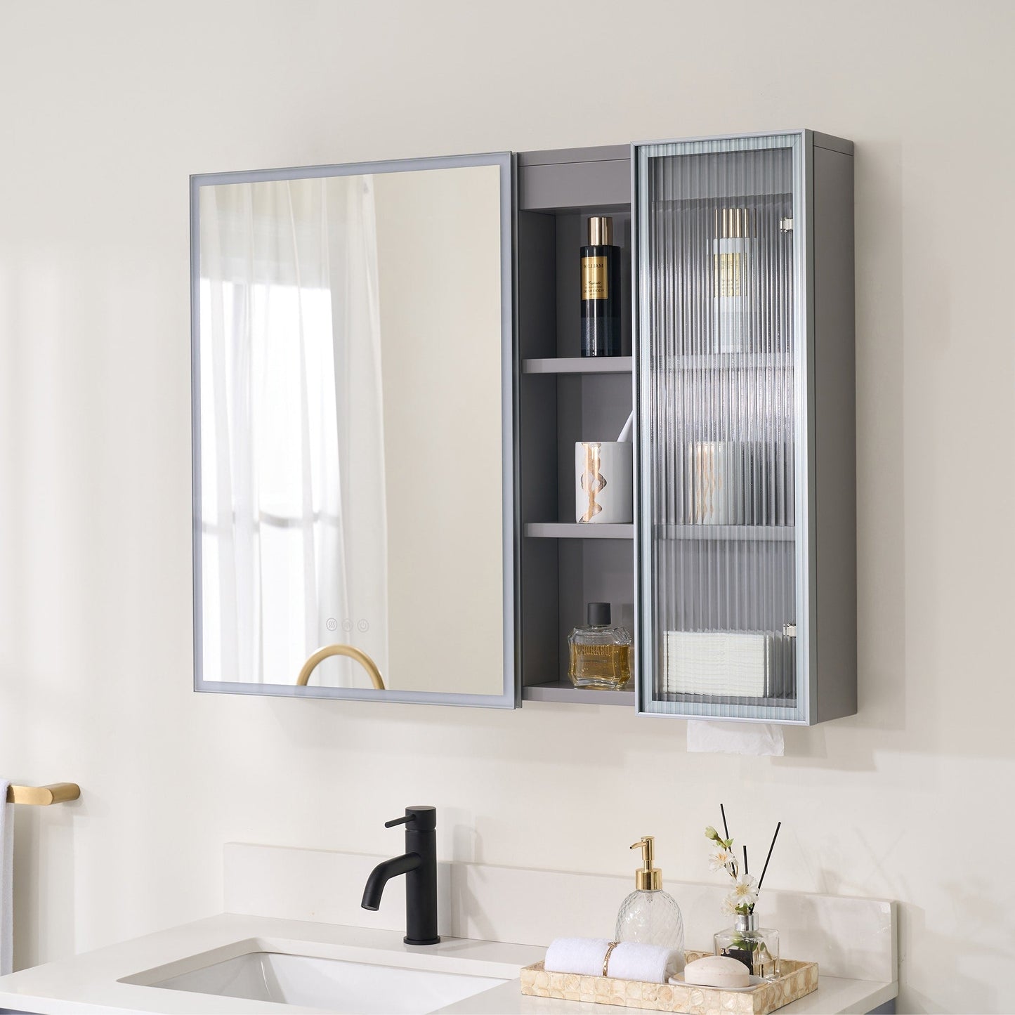 Forclover 36-in x 28-in Lighted LED Fog Free Surface Mount Gray Mirrored Soft Close Medicine Cabinet with Outlet