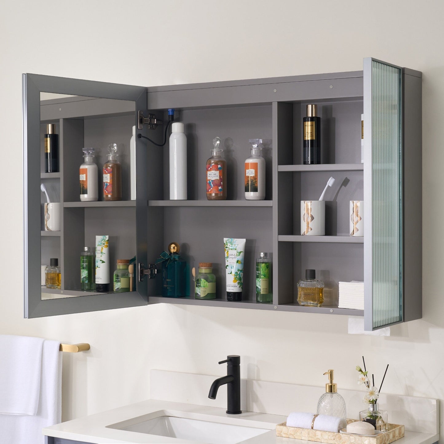 Forclover 36-in x 28-in Lighted LED Fog Free Surface Mount Gray Mirrored Soft Close Medicine Cabinet with Outlet