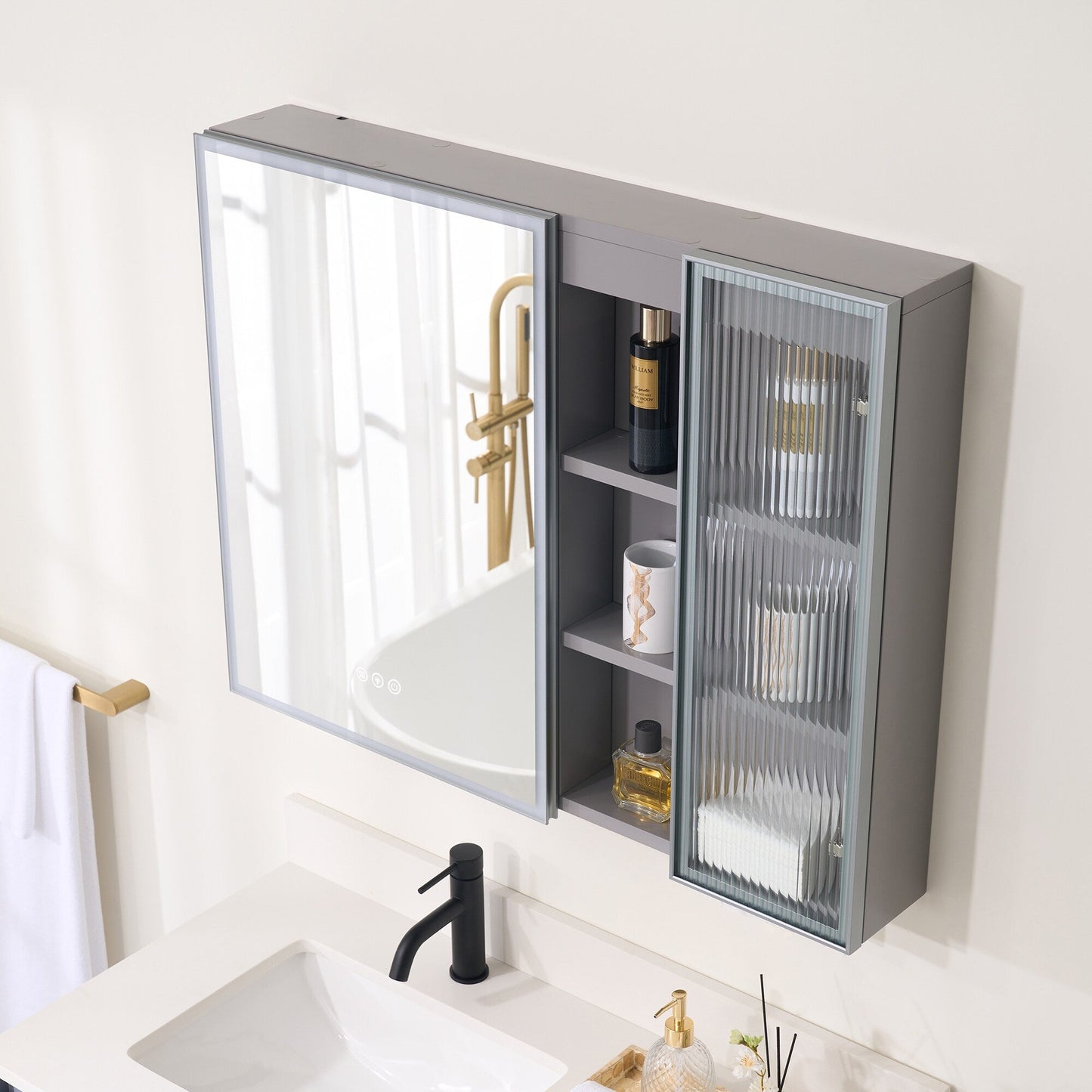 Forclover 36-in x 28-in Lighted LED Fog Free Surface Mount Gray Mirrored Soft Close Medicine Cabinet with Outlet