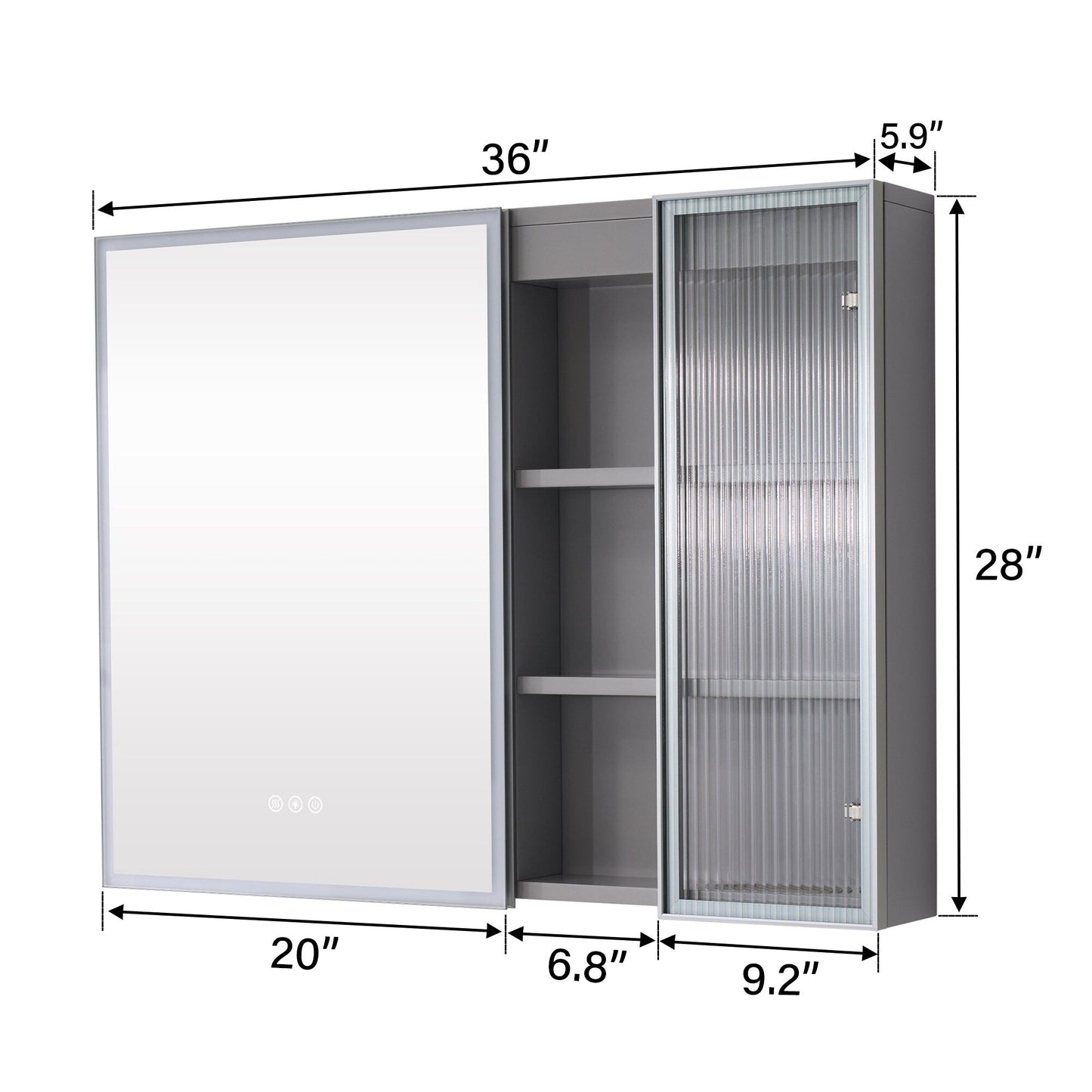 Forclover 36-in x 28-in Lighted LED Fog Free Surface Mount Gray Mirrored Soft Close Medicine Cabinet with Outlet
