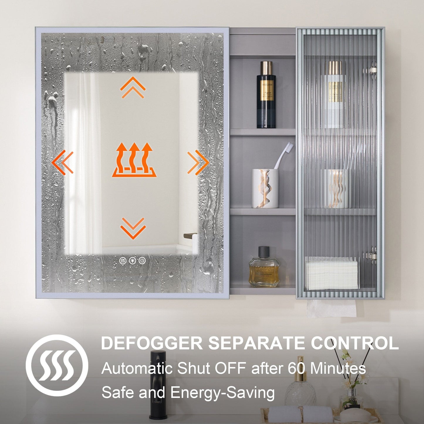 Forclover 36-in x 28-in Lighted LED Fog Free Surface Mount Gray Mirrored Soft Close Medicine Cabinet with Outlet