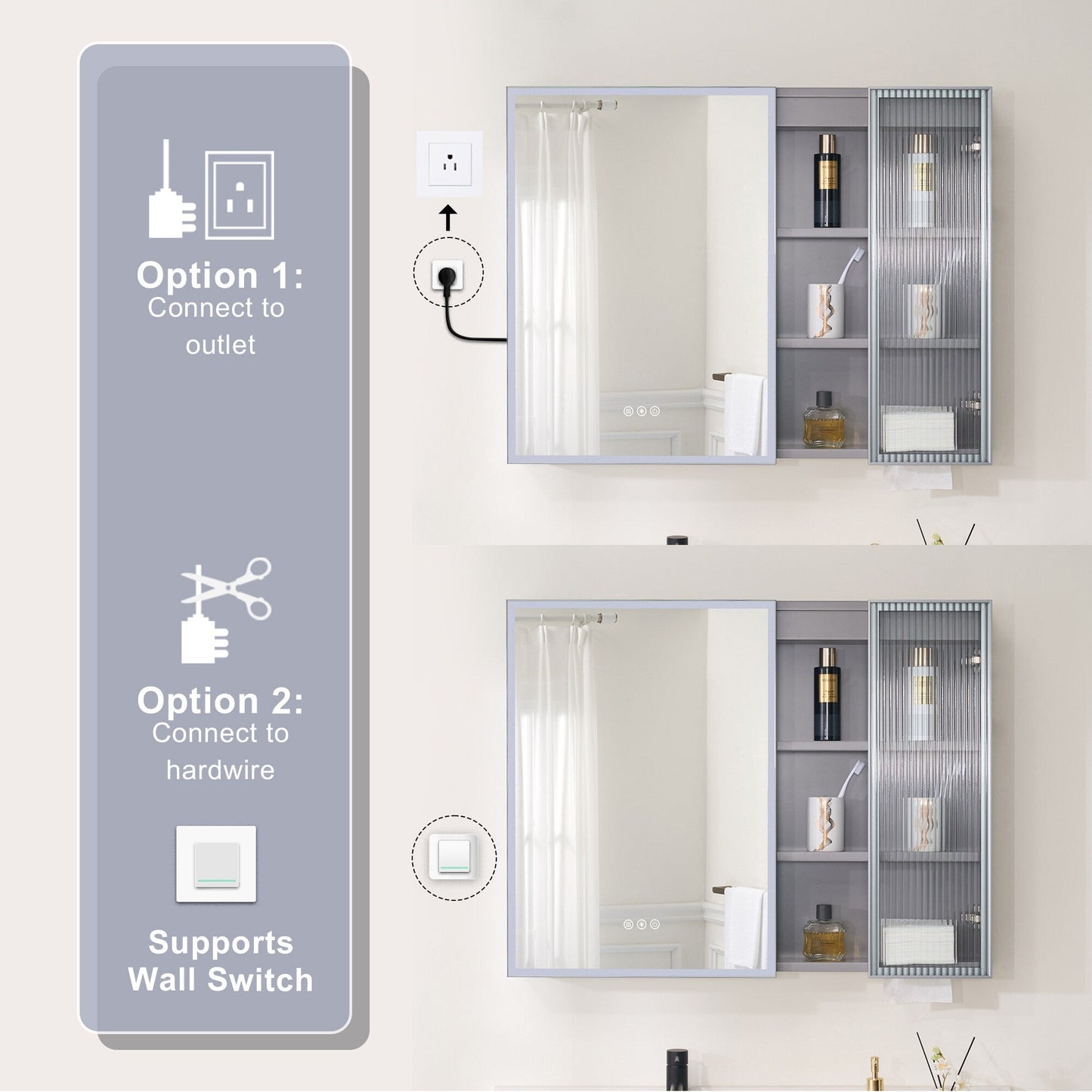 Forclover 36-in x 28-in Lighted LED Fog Free Surface Mount Gray Mirrored Soft Close Medicine Cabinet with Outlet