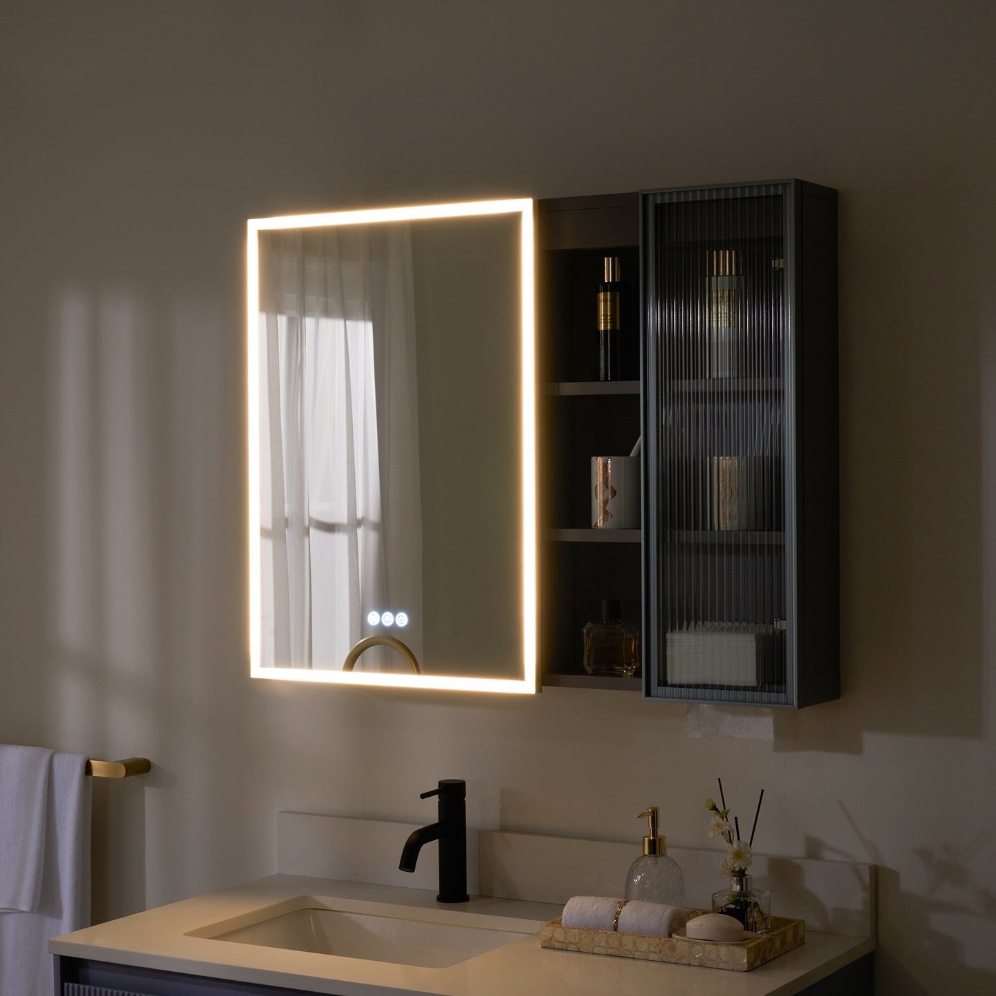 Forclover 36-in x 28-in Lighted LED Fog Free Surface Mount Gray Mirrored Soft Close Medicine Cabinet with Outlet