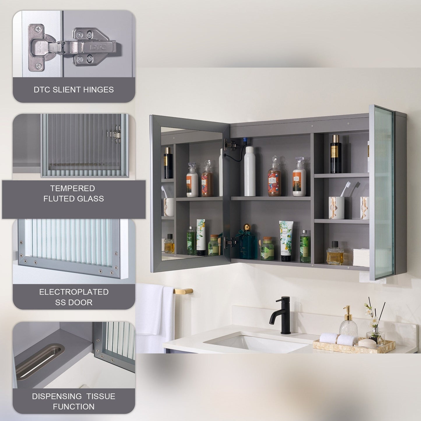 Forclover 36-in x 28-in Lighted LED Fog Free Surface Mount Gray Mirrored Soft Close Medicine Cabinet with Outlet