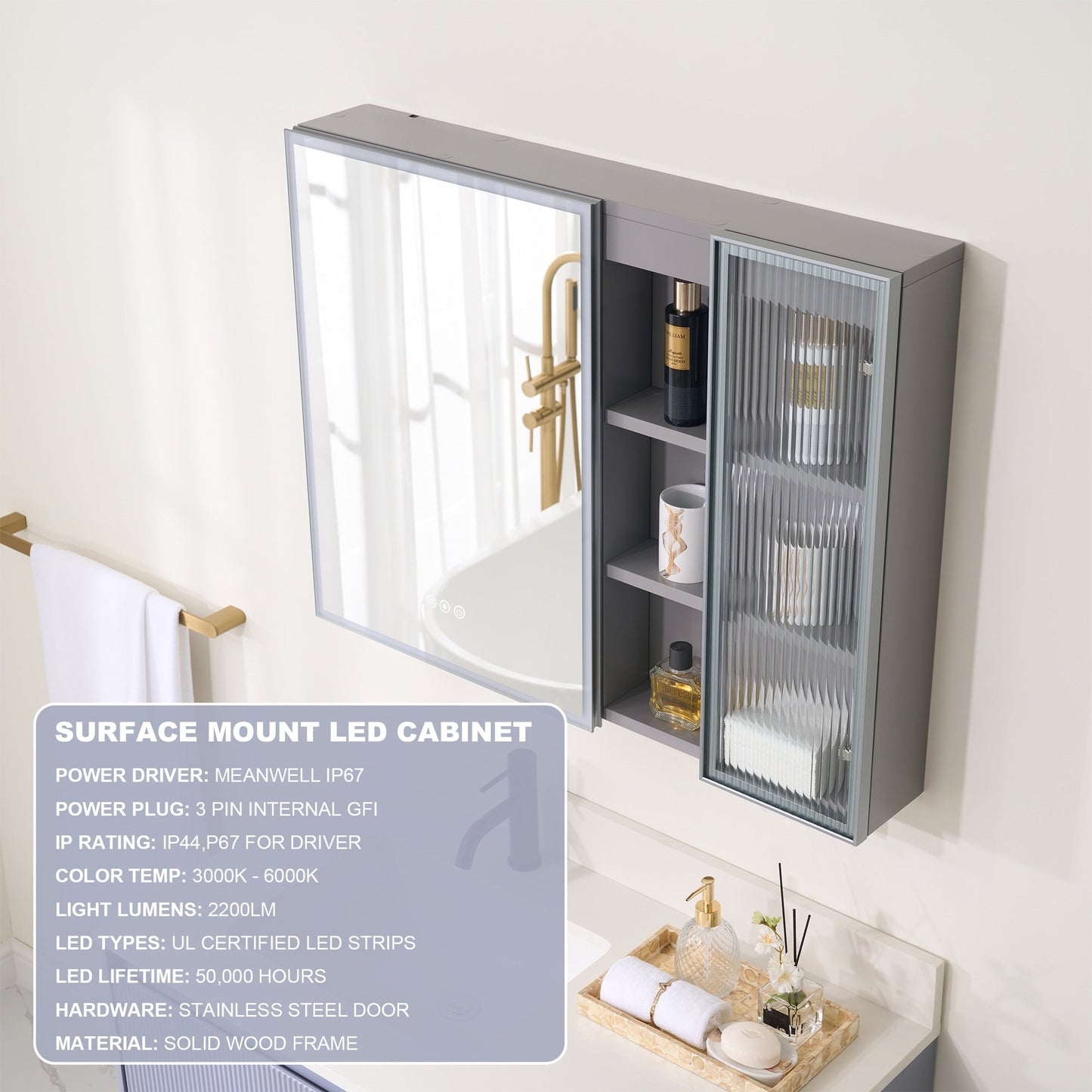 Forclover 36-in x 28-in Lighted LED Fog Free Surface Mount Gray Mirrored Soft Close Medicine Cabinet with Outlet