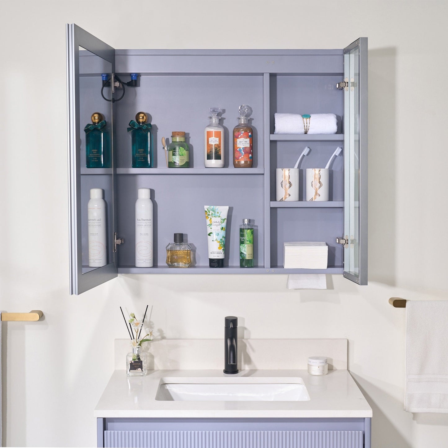 Forclover 30-in x 28-in Lighted LED Fog Free Surface Mount Lavender Mirrored Soft Close Medicine Cabinet with Outlet