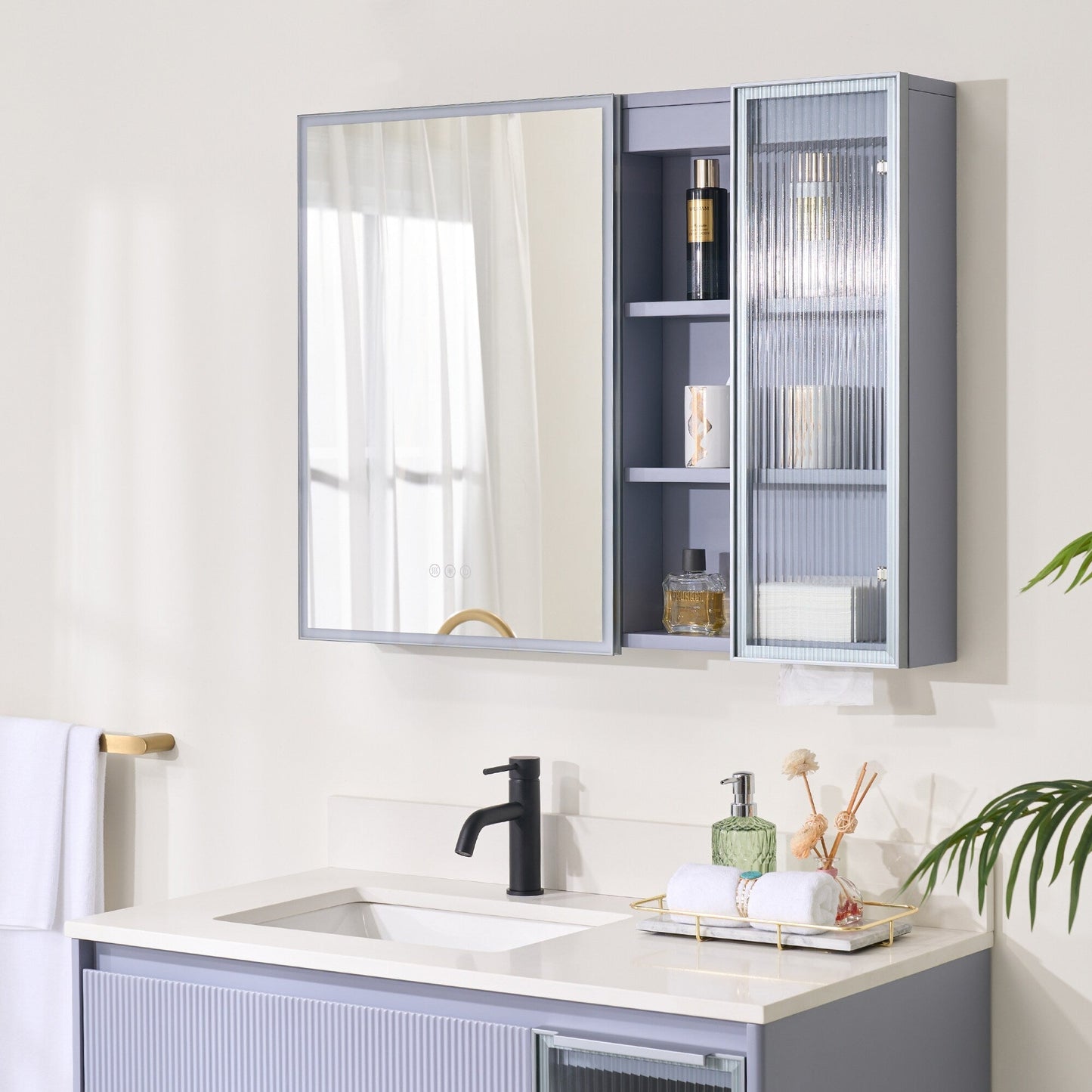Forclover 36-in x 28-in Lighted LED Fog Free Surface Mount Lavender Mirrored Soft Close Medicine Cabinet with Outlet
