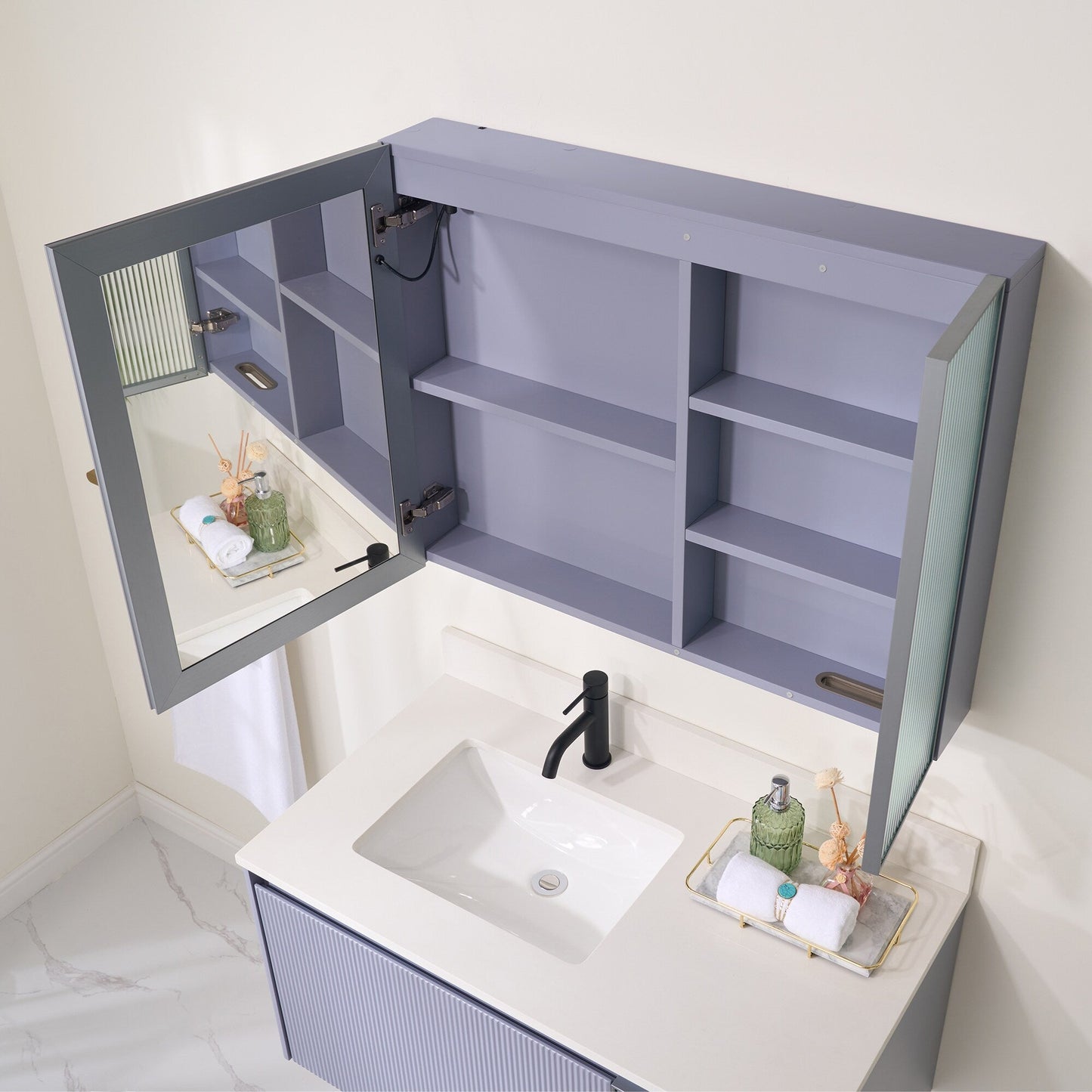 Forclover 36-in x 28-in Lighted LED Fog Free Surface Mount Lavender Mirrored Soft Close Medicine Cabinet with Outlet