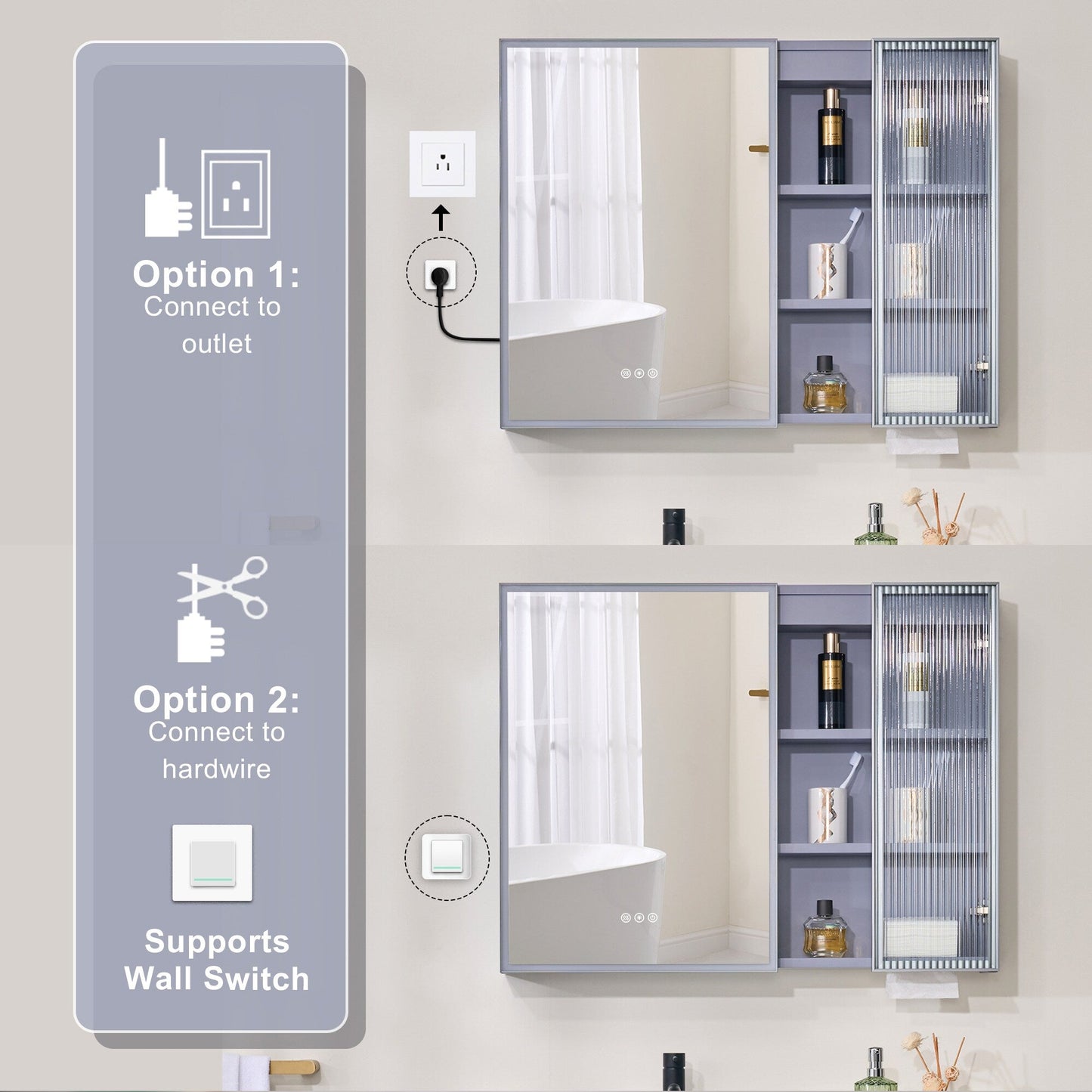 Forclover 36-in x 28-in Lighted LED Fog Free Surface Mount Lavender Mirrored Soft Close Medicine Cabinet with Outlet