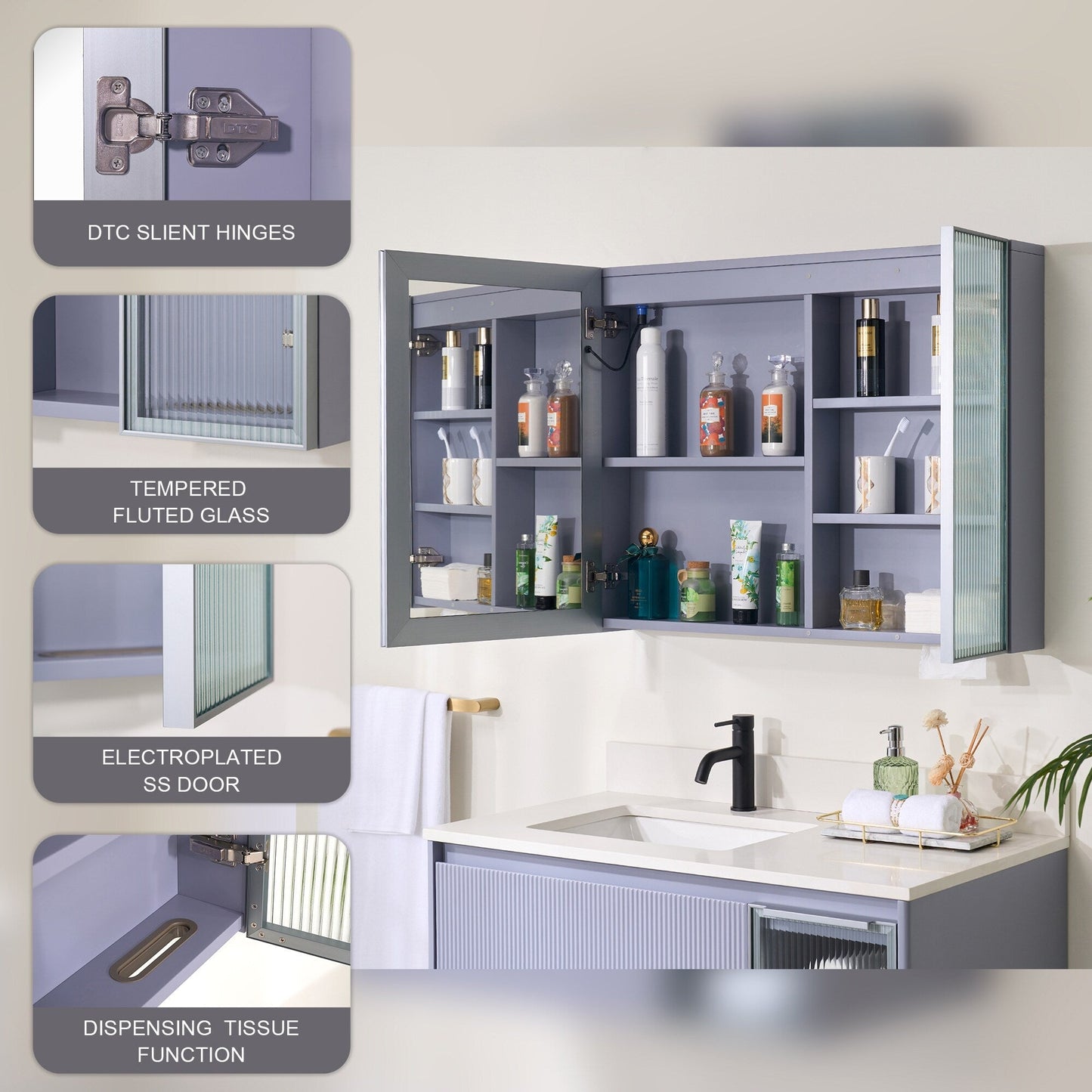 Forclover 36-in x 28-in Lighted LED Fog Free Surface Mount Lavender Mirrored Soft Close Medicine Cabinet with Outlet