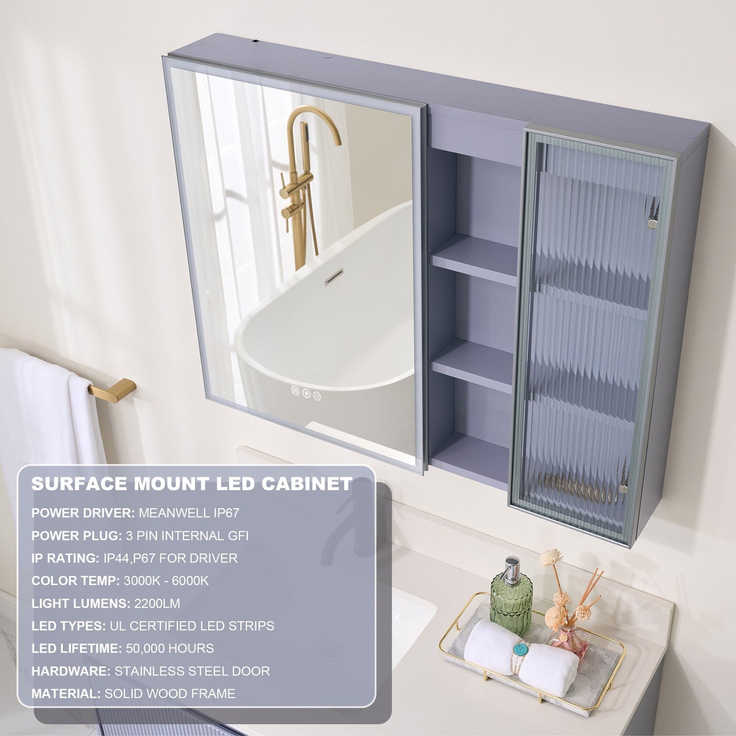 Forclover 36-in x 28-in Lighted LED Fog Free Surface Mount Lavender Mirrored Soft Close Medicine Cabinet with Outlet
