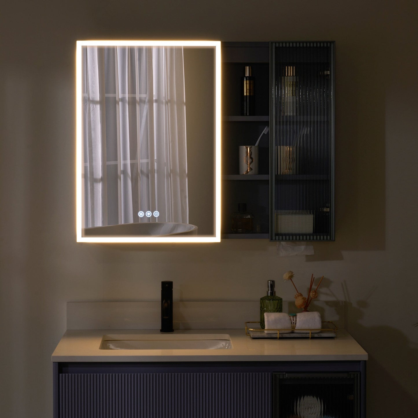Forclover 36-in x 28-in Lighted LED Fog Free Surface Mount Lavender Mirrored Soft Close Medicine Cabinet with Outlet