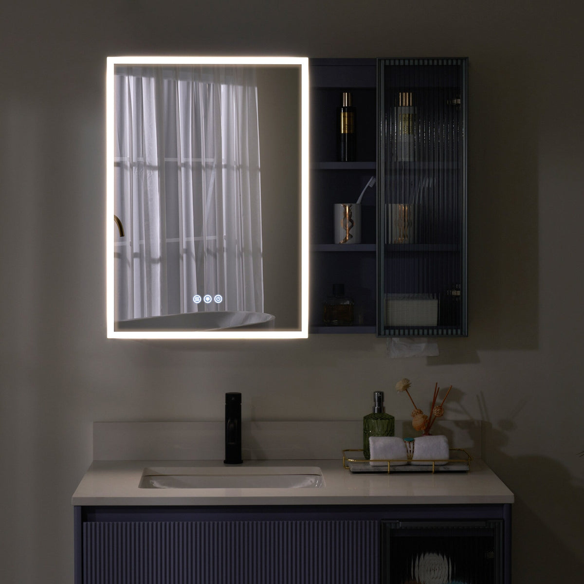 Forclover 36-in x 28-in Lighted LED Fog Free Surface Mount Lavender Mirrored Soft Close Medicine Cabinet with Outlet