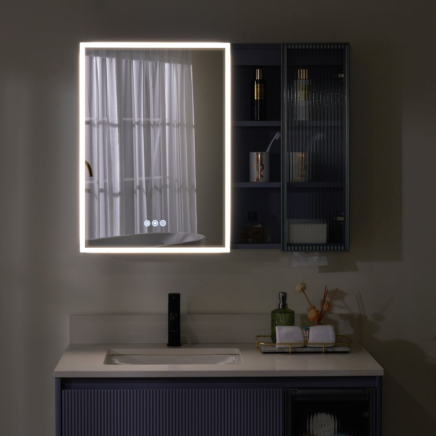 Forclover 36-in x 28-in Lighted LED Fog Free Surface Mount Lavender Mirrored Soft Close Medicine Cabinet with Outlet
