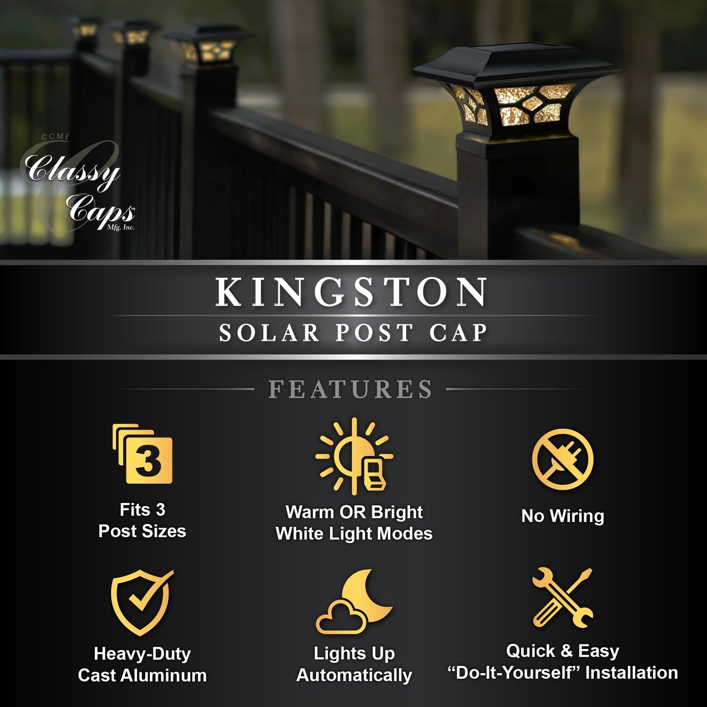 Classy Caps 3-in x 3-in 20-Lumen 1-Watt Black Solar LED Outdoor Post Cap Light (4500 K)