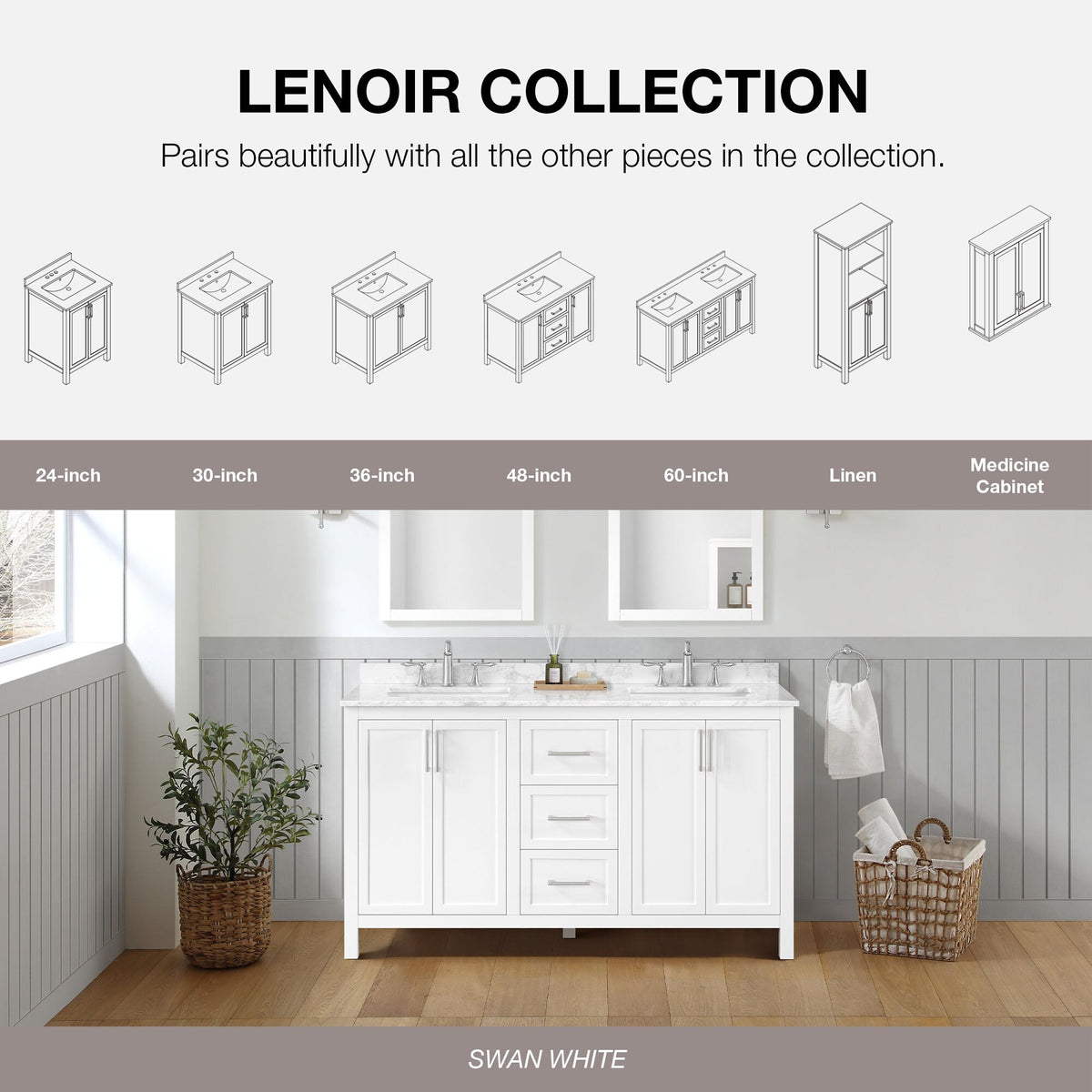 allen + roth Lenoir 24-in x 60-in x 16-in Swan White Freestanding Soft Close Linen Cabinet