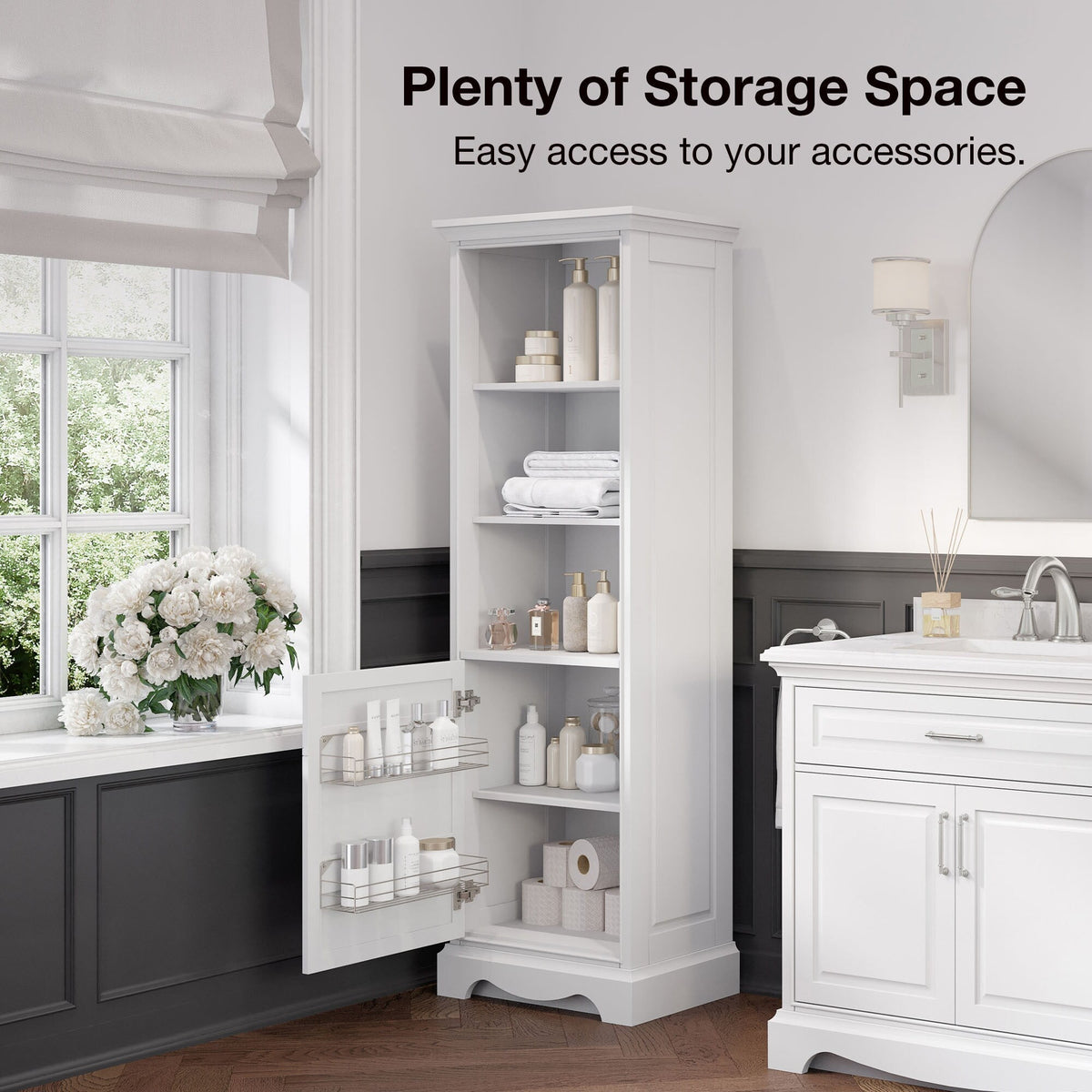 allen + roth Rutherfurd 24-in x 72-in x 15.98-in Swan White Wood Freestanding Soft Close Linen Cabinet