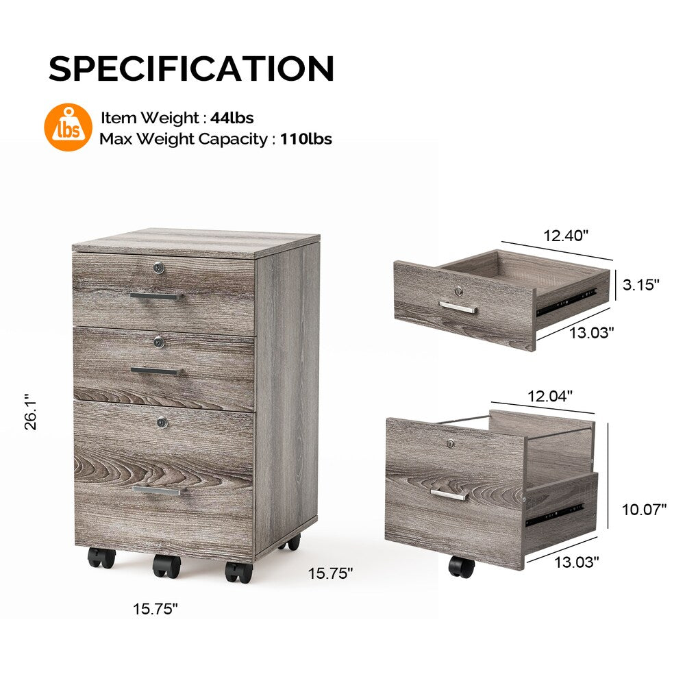 Winado Grey Oak 3-Drawer 19.69-in File Cabinet