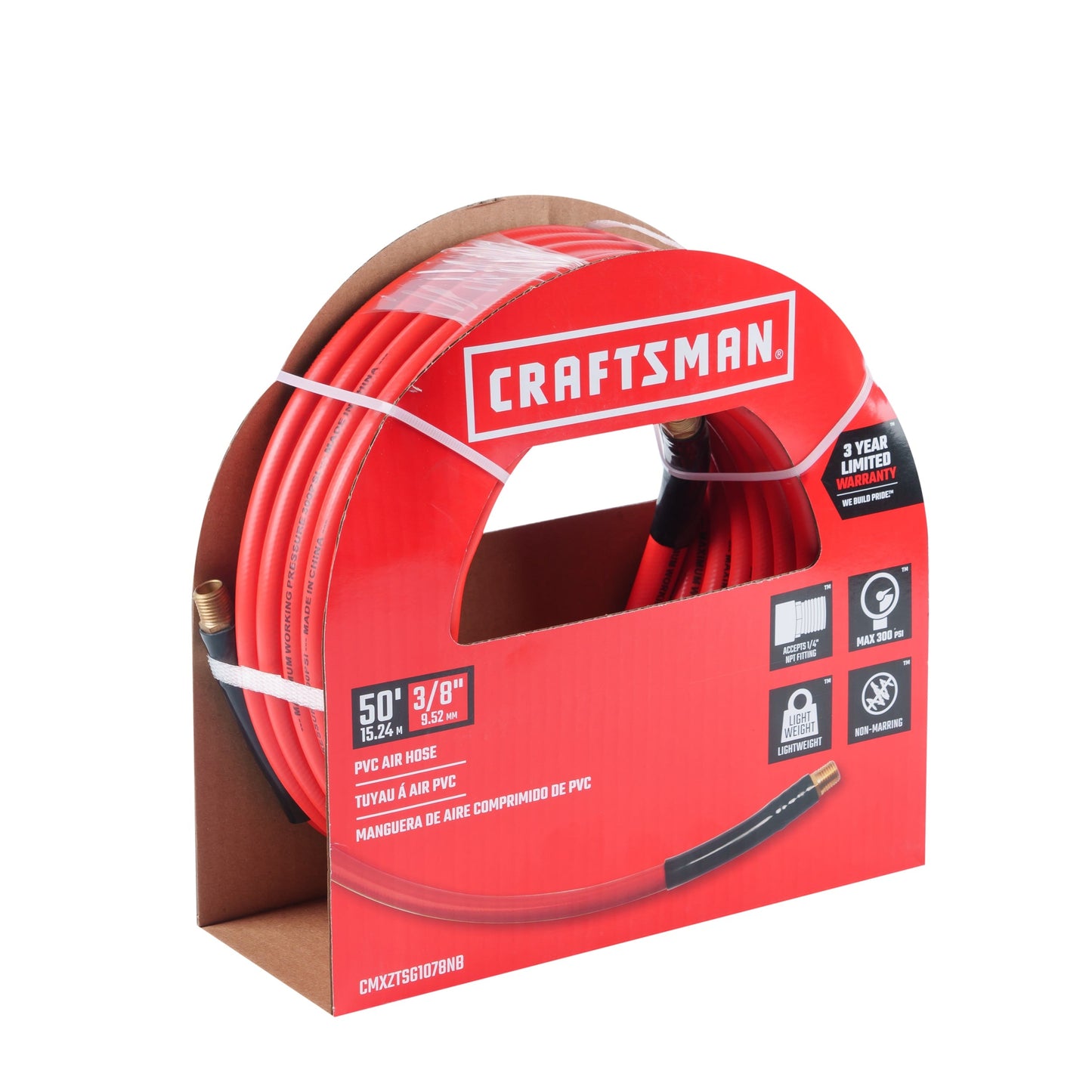 Craftsman 50-ft x 3/8-in PVC Air Hose, 300 PSI, Red