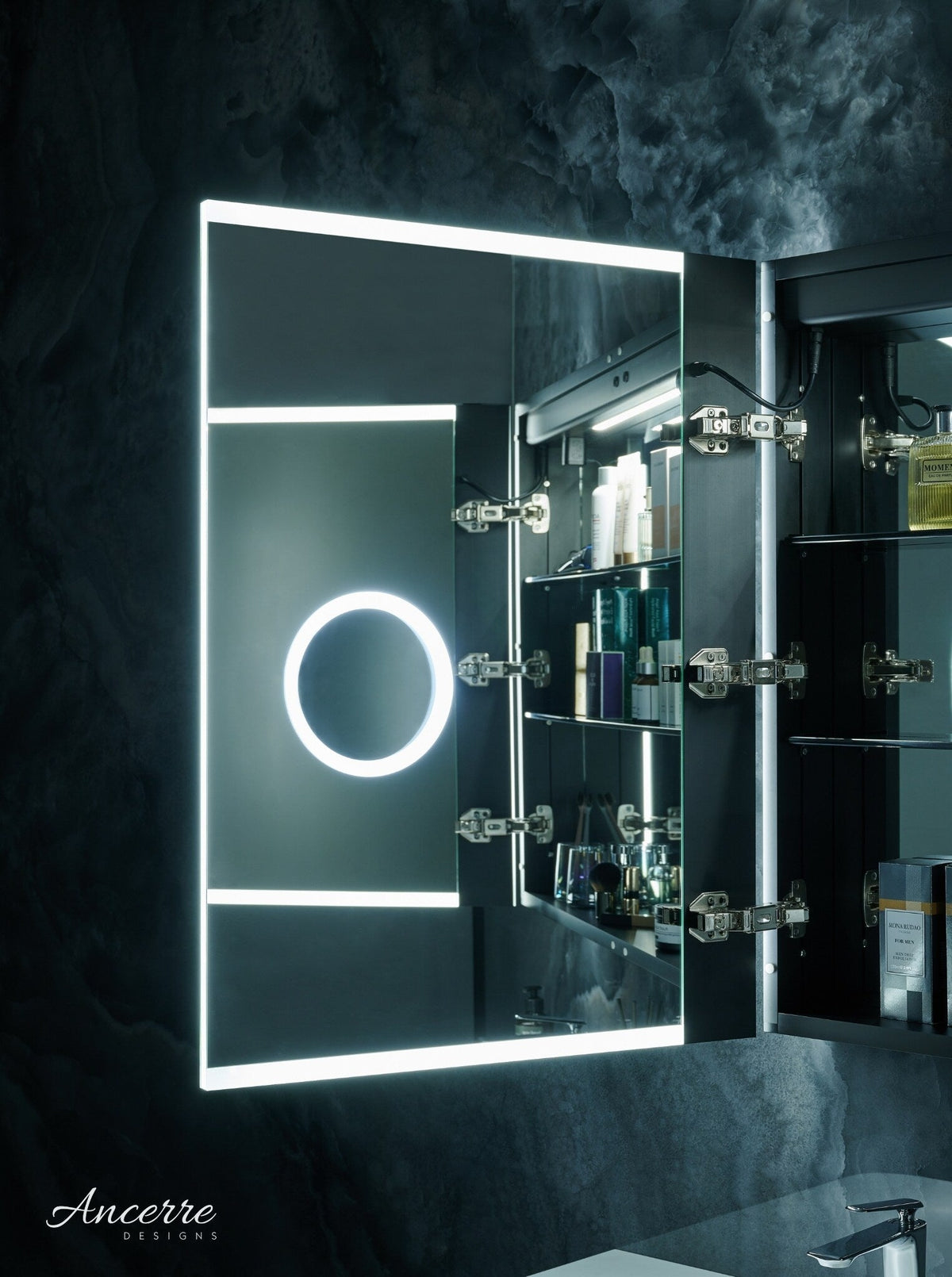 Ancerre Designs Pagani 24-in x 32-in Lighted LED Fog Free Surface/Recessed Mount Black Mirrored Soft Close Medicine Cabinet with Outlet