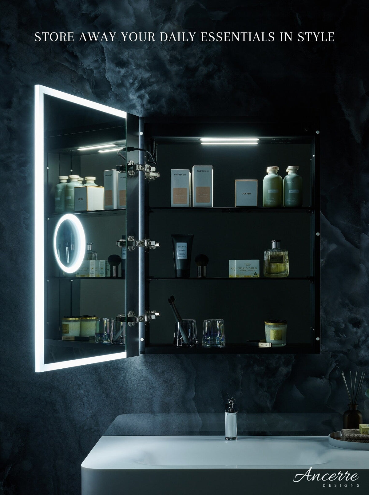 Ancerre Designs Pagani 24-in x 32-in Lighted LED Fog Free Surface/Recessed Mount Black Mirrored Soft Close Medicine Cabinet with Outlet