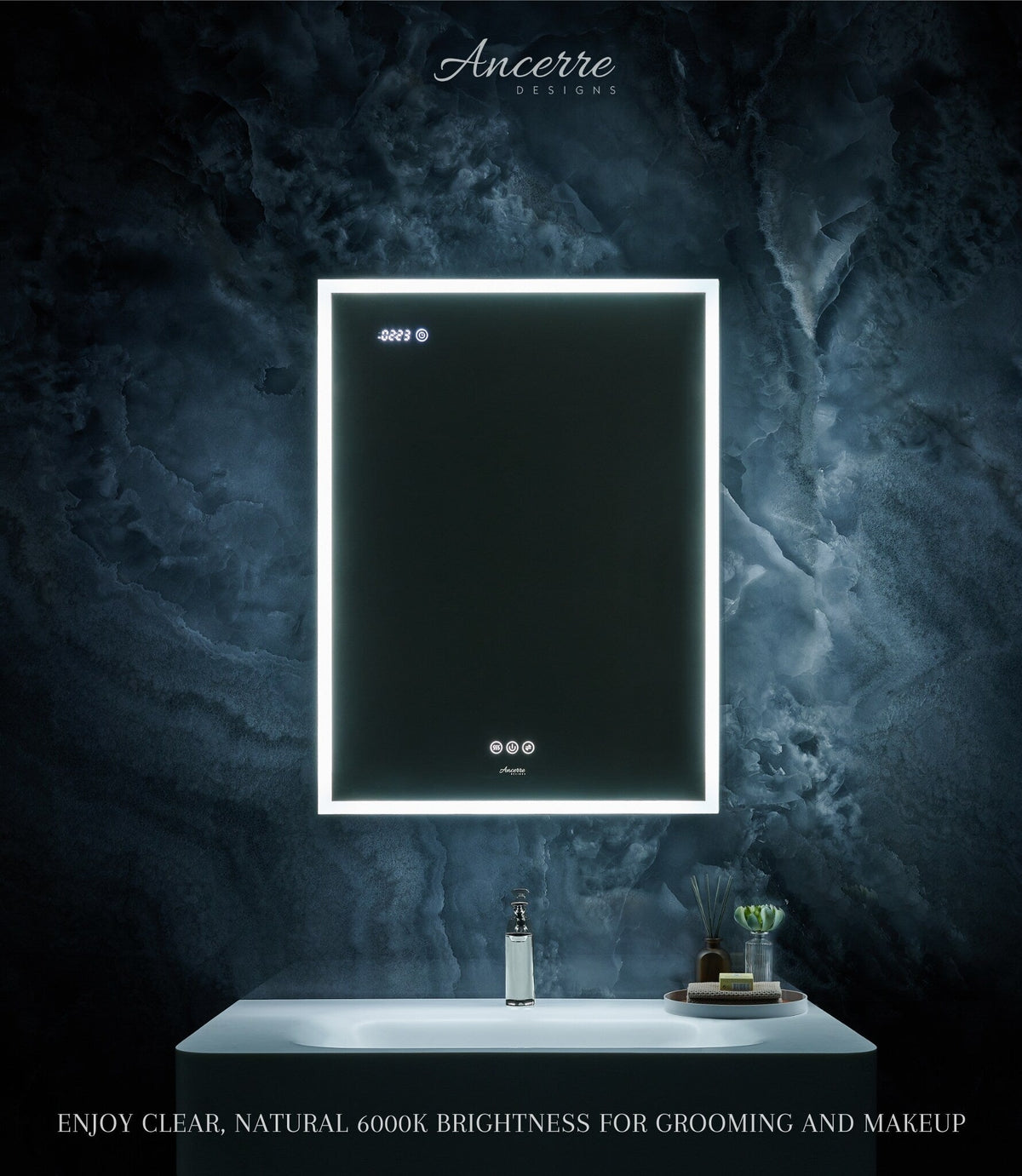 Ancerre Designs Pagani 24-in x 32-in Lighted LED Fog Free Surface/Recessed Mount Black Mirrored Soft Close Medicine Cabinet with Outlet
