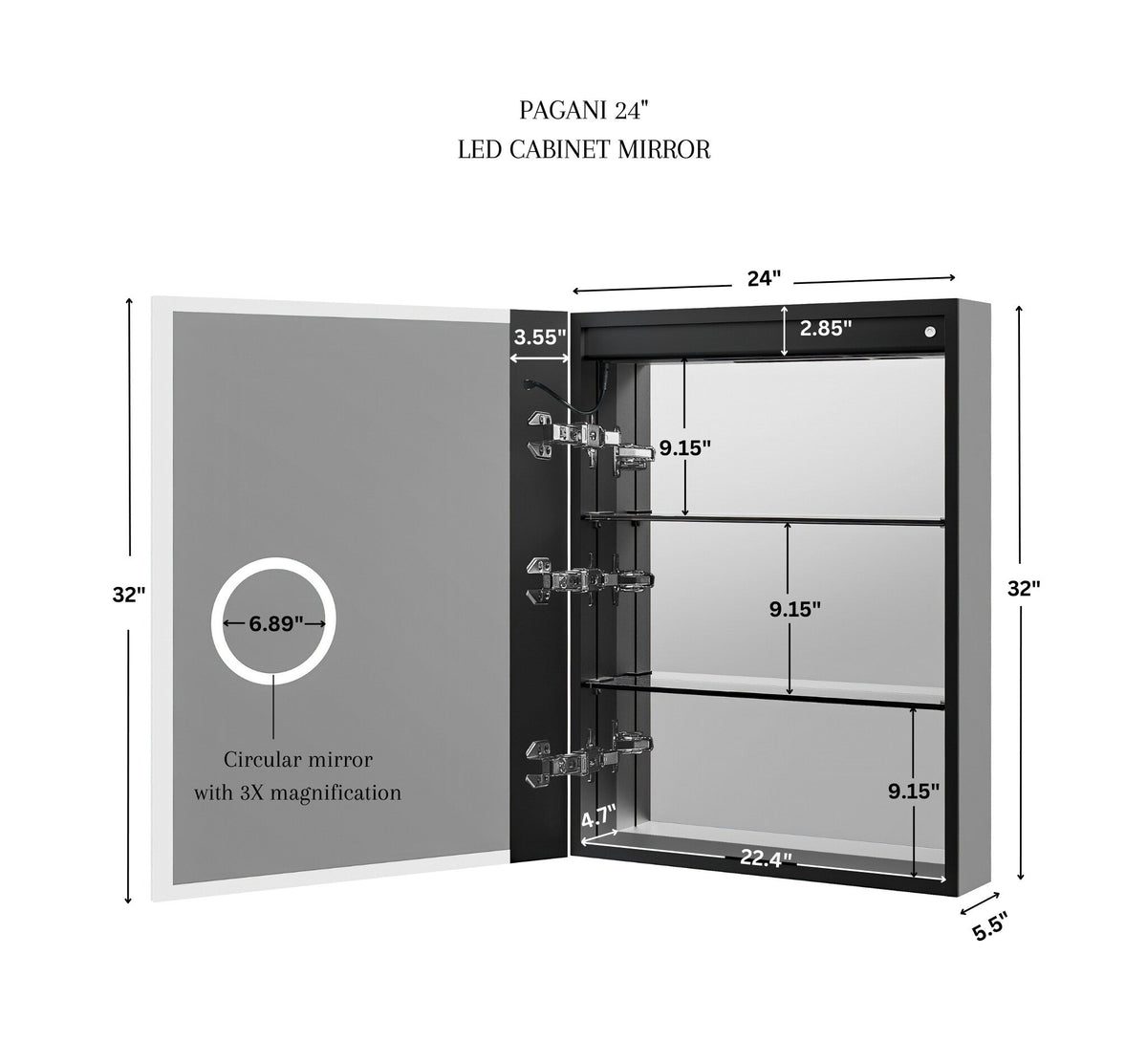 Ancerre Designs Pagani 24-in x 32-in Lighted LED Fog Free Surface/Recessed Mount Black Mirrored Soft Close Medicine Cabinet with Outlet
