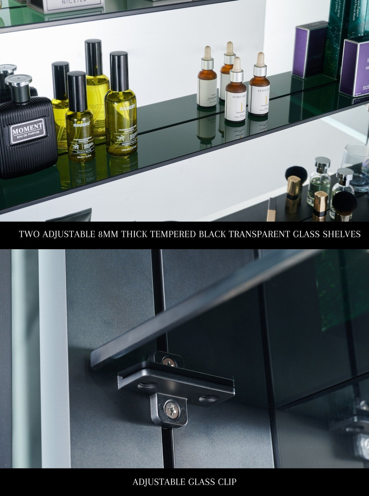 Ancerre Designs Pagani 36-in x 32-in Lighted LED Fog Free Surface/Recessed Mount Black Mirrored Soft Close Medicine Cabinet with Outlet