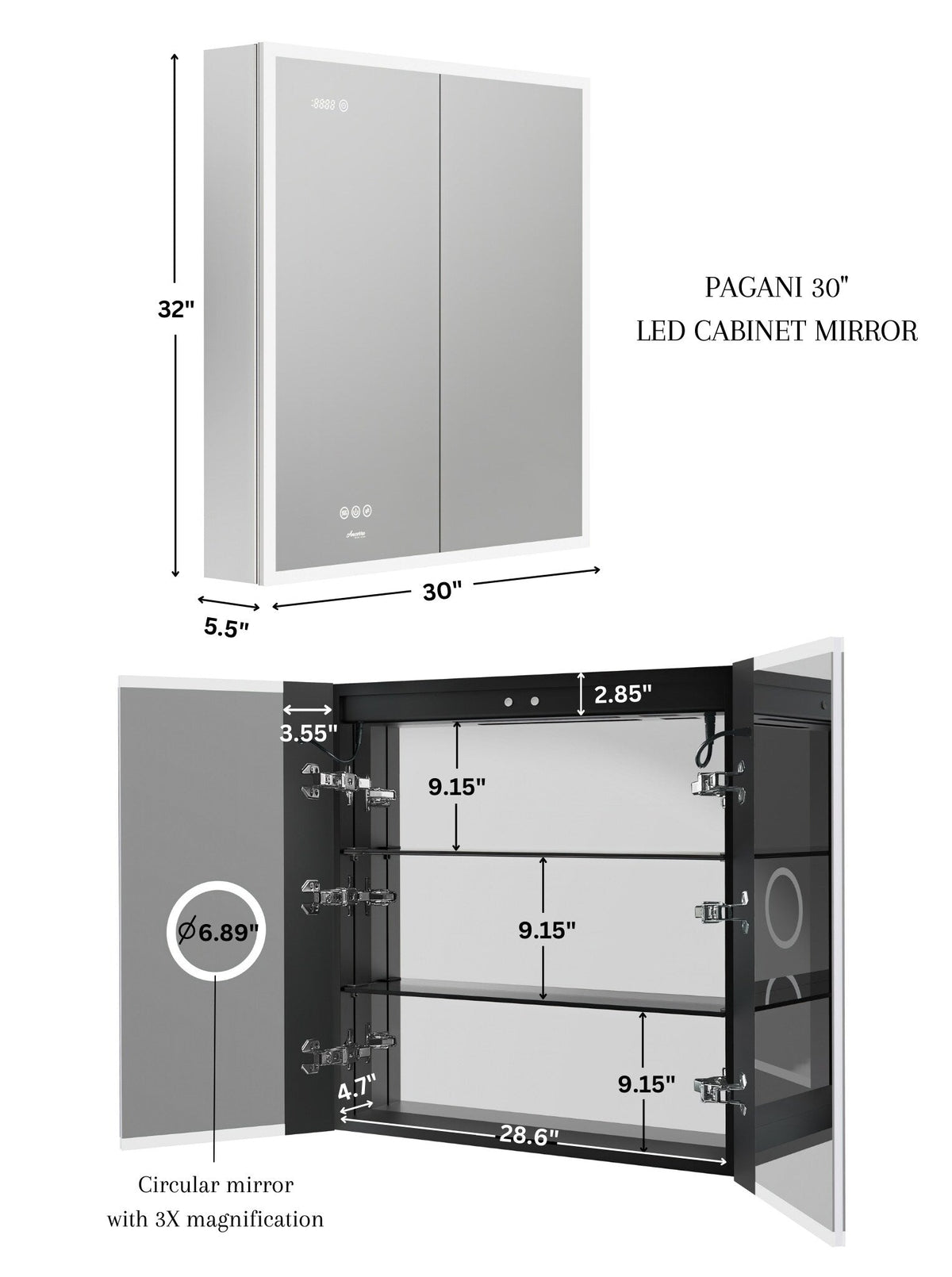 Ancerre Designs Pagani 30-in x 32-in Lighted LED Fog Free Surface/Recessed Mount Black Mirrored Soft Close Medicine Cabinet with Outlet