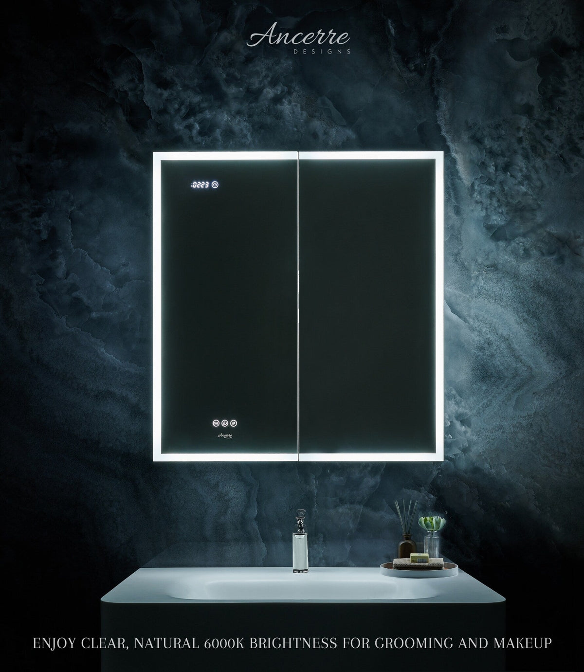 Ancerre Designs Pagani 30-in x 32-in Lighted LED Fog Free Surface/Recessed Mount Black Mirrored Soft Close Medicine Cabinet with Outlet