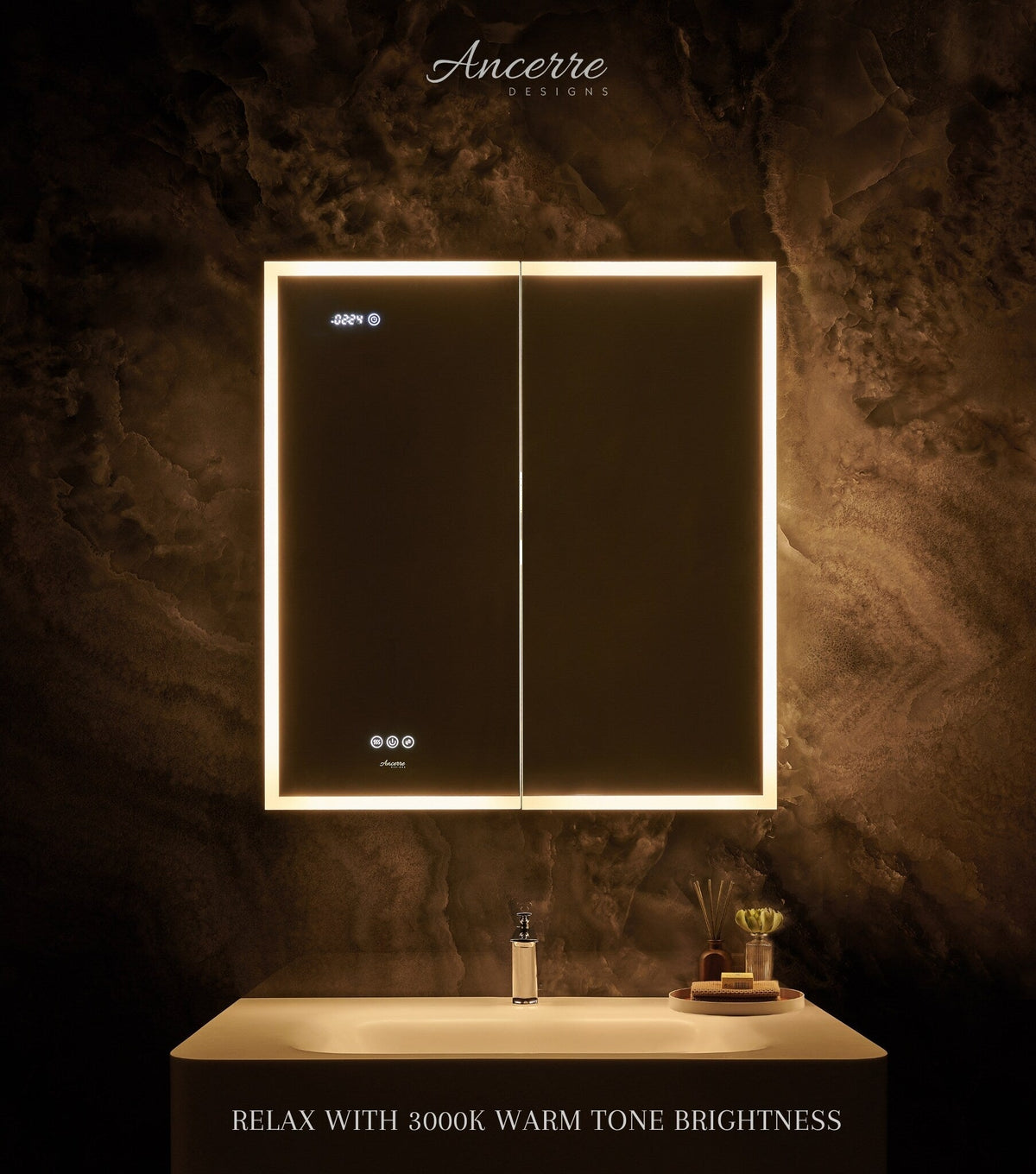 Ancerre Designs Pagani 30-in x 32-in Lighted LED Fog Free Surface/Recessed Mount Black Mirrored Soft Close Medicine Cabinet with Outlet