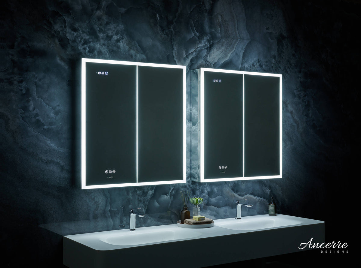 Ancerre Designs Pagani 30-in x 32-in Lighted LED Fog Free Surface/Recessed Mount Black Mirrored Soft Close Medicine Cabinet with Outlet
