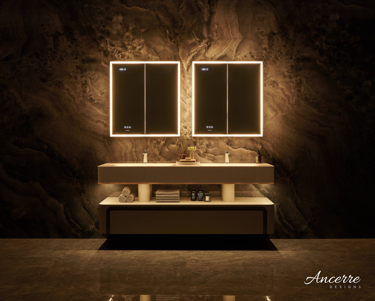 Ancerre Designs Pagani 30-in x 32-in Lighted LED Fog Free Surface/Recessed Mount Black Mirrored Soft Close Medicine Cabinet with Outlet